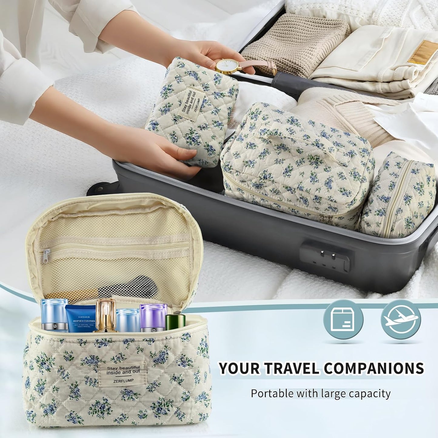 Cute Quilted Floral Makeup Bag(3Pcs)，Coquette Aesthetic Cosmetic Bag，Travel Toiletry Bags， Kawaii Aesthetic pouch for Women (4 - Little Blue Flower)