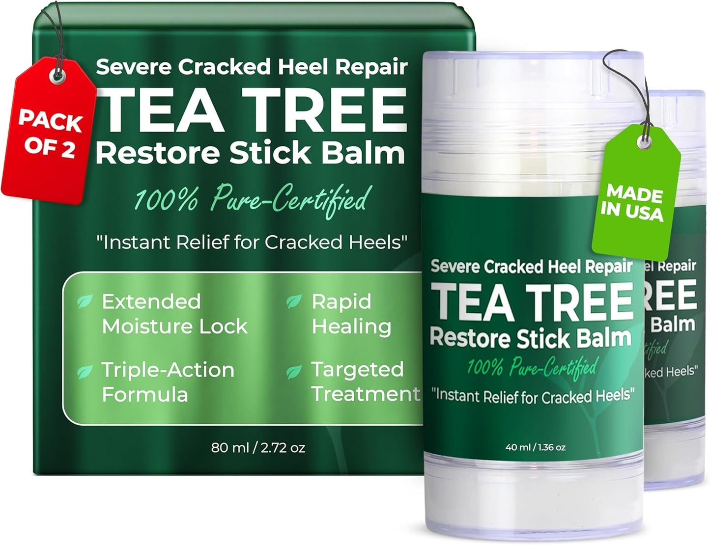 Terramed Just Think Comfort Foot Balm for Dry Cracked Feet | Foot Balm Stick for Dry Cracked Feet Tough Skin on The Heels and Intensely Moisturizing | No Mess Applicator | 2 Pack Stick