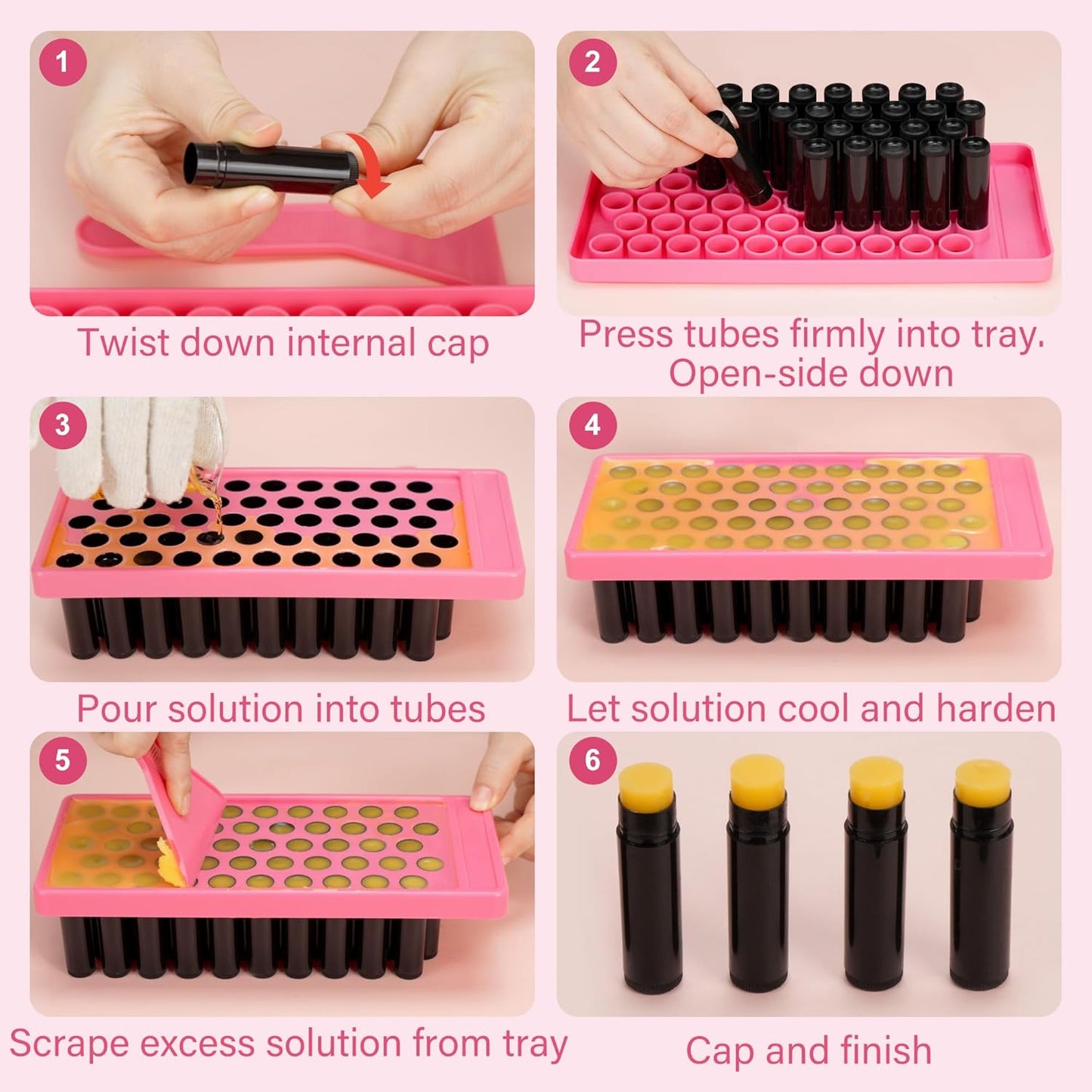 LotFancy Lip Balm Tubes with Filling Tray and Spatula, 50Pcs 4.5ml Black Lip Balm Containers, BPA Free & Leak Free, Handmade Set