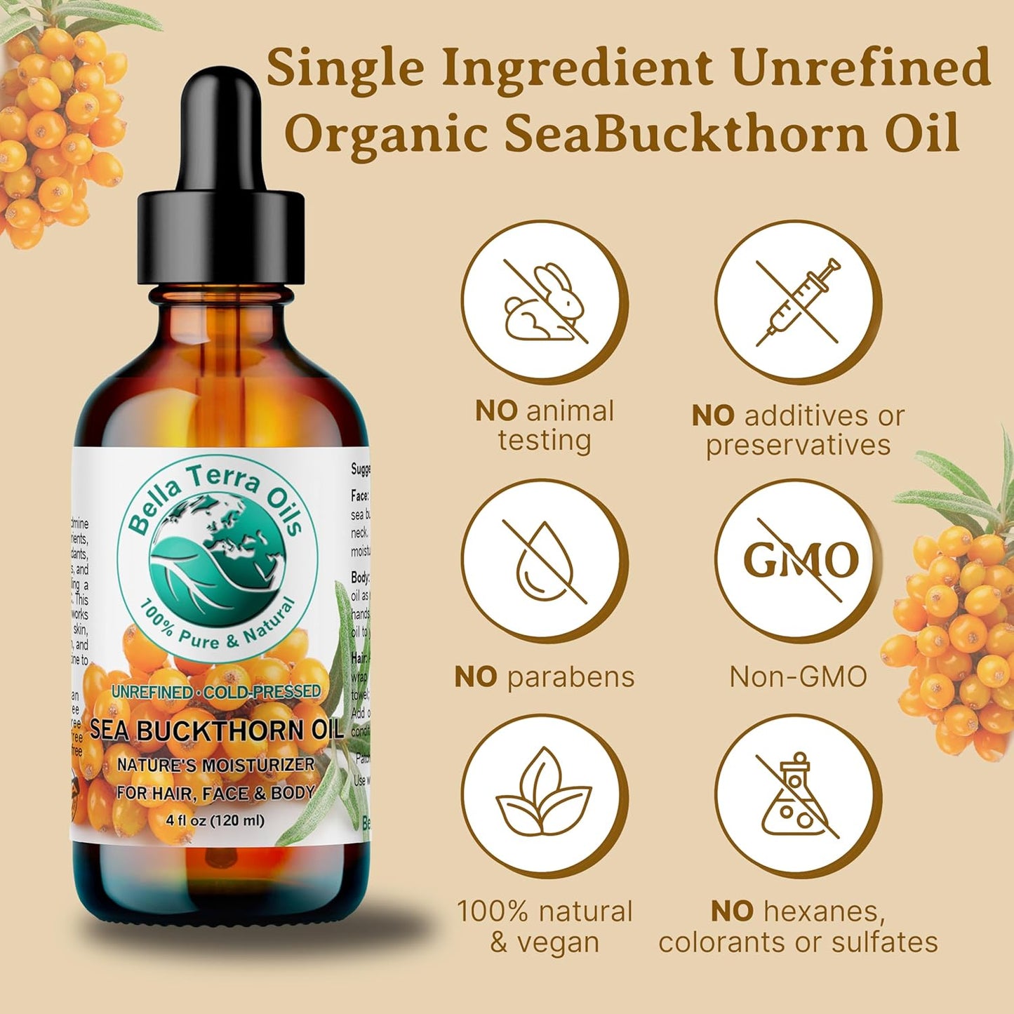 Bella Terra Oils - Organic Sea Buckthorn Oil 2 oz - Dive into Rich Essence of Organic Sea Buckthorn Berry, Packed with Vitamin C, E, & A, Omega-Fatty Acids Delight for Face