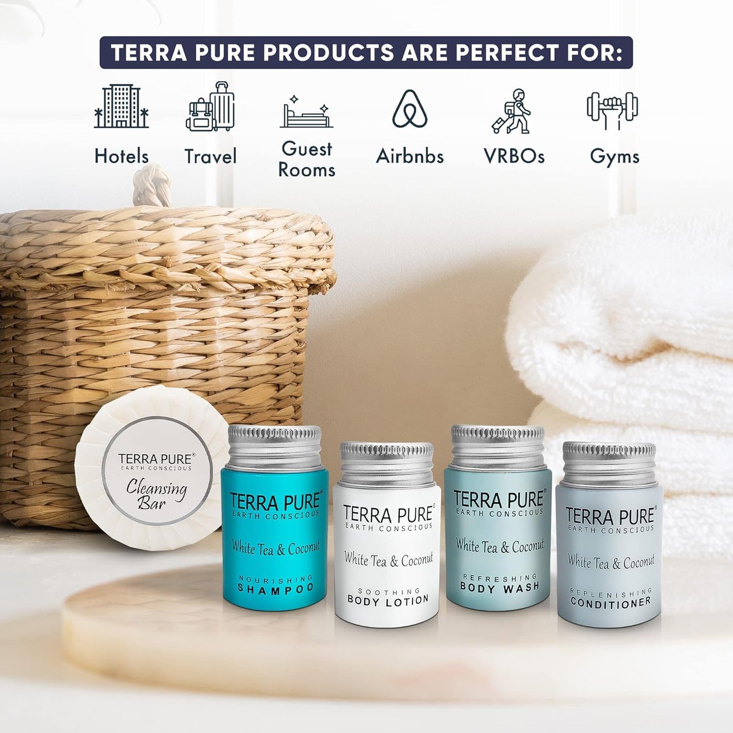 Terra Pure White Tea & Coconut Hotel Size Toiletries Set | 1-Shoppe All-In-Kit | 1 oz. Liquids and 1.25 oz. Bar Soap | Amenities For Hotels, Airbnb & Rentals | (75 pieces)