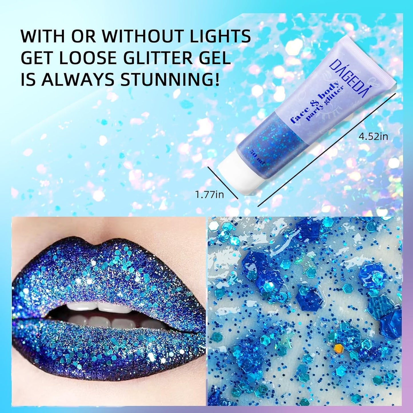DAGEDA Body Glitter Gel, Face Glitters Body Gel Sequins Shimmer Liquid Eyeshadow, Chunky Glitter for Face Hair Nails, Holographic Cosmetic Laser Powder Festival Glitter Makeup 50ml(Blue)