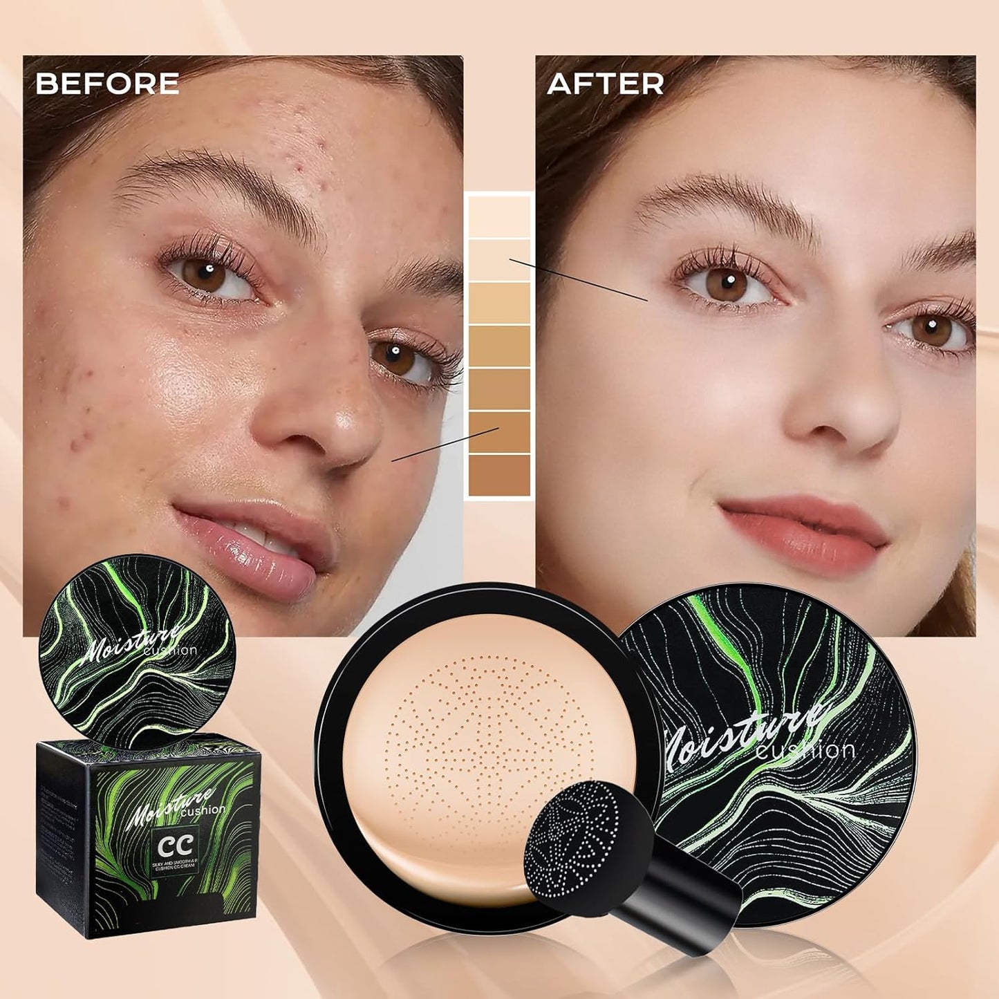 Mushroom Head Air Cushion CC Cream - BB Cream Foundation Makeup Moisturizing Concealer Long-Lasting, Cushion Foundation Full Coverage Self Adjusting for Mature Skin & All Skin Types （Medium Deep)