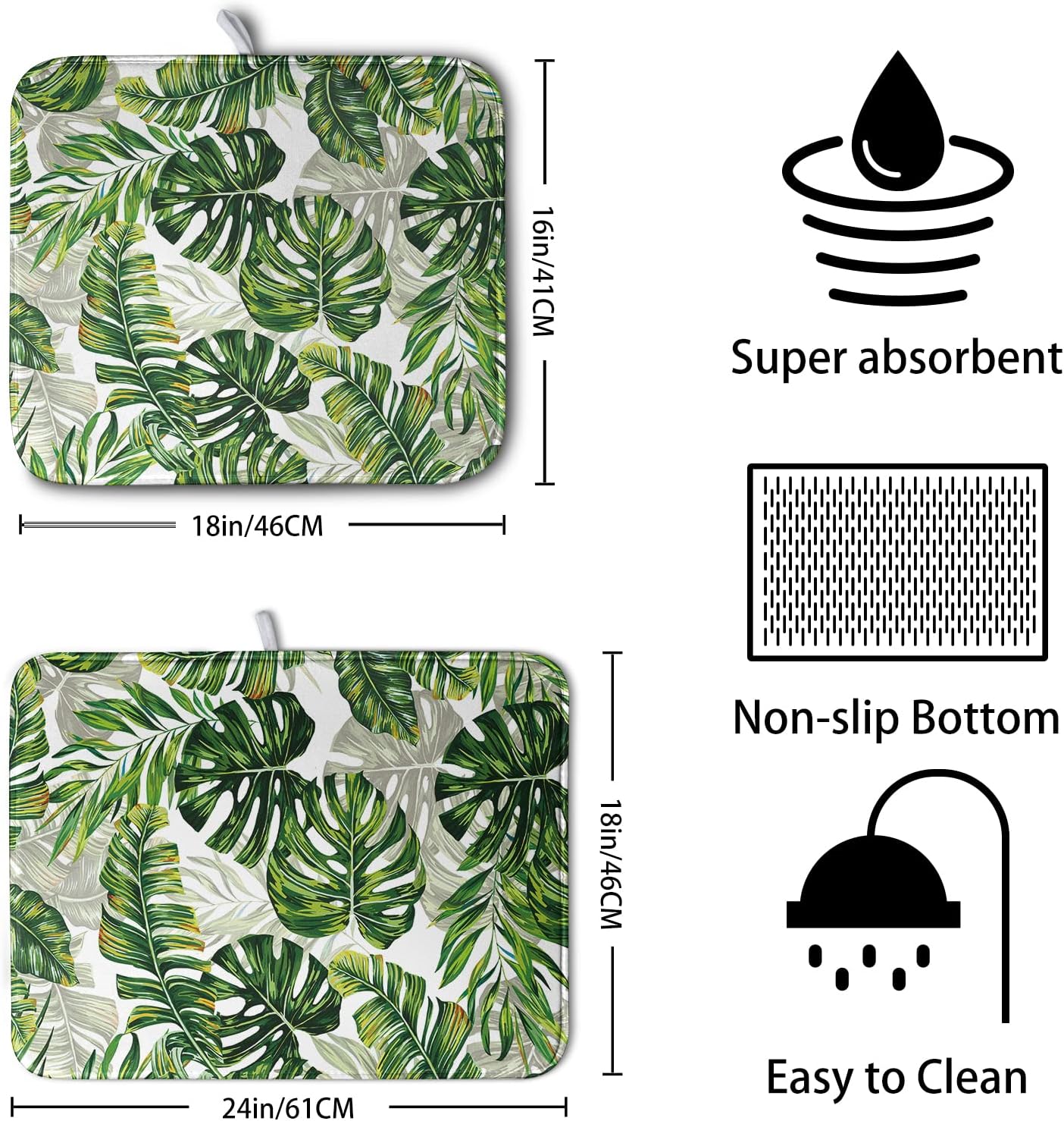 Tropical Palm Leaves Dish Drying Mat for Dishes 16x18 Inch Spring Green Monstera Leaf Drying Mat Watercolor Herbs Dish Drainer Mat Super Absorbent Dish Rack Pad for Coffee Bar Sinks