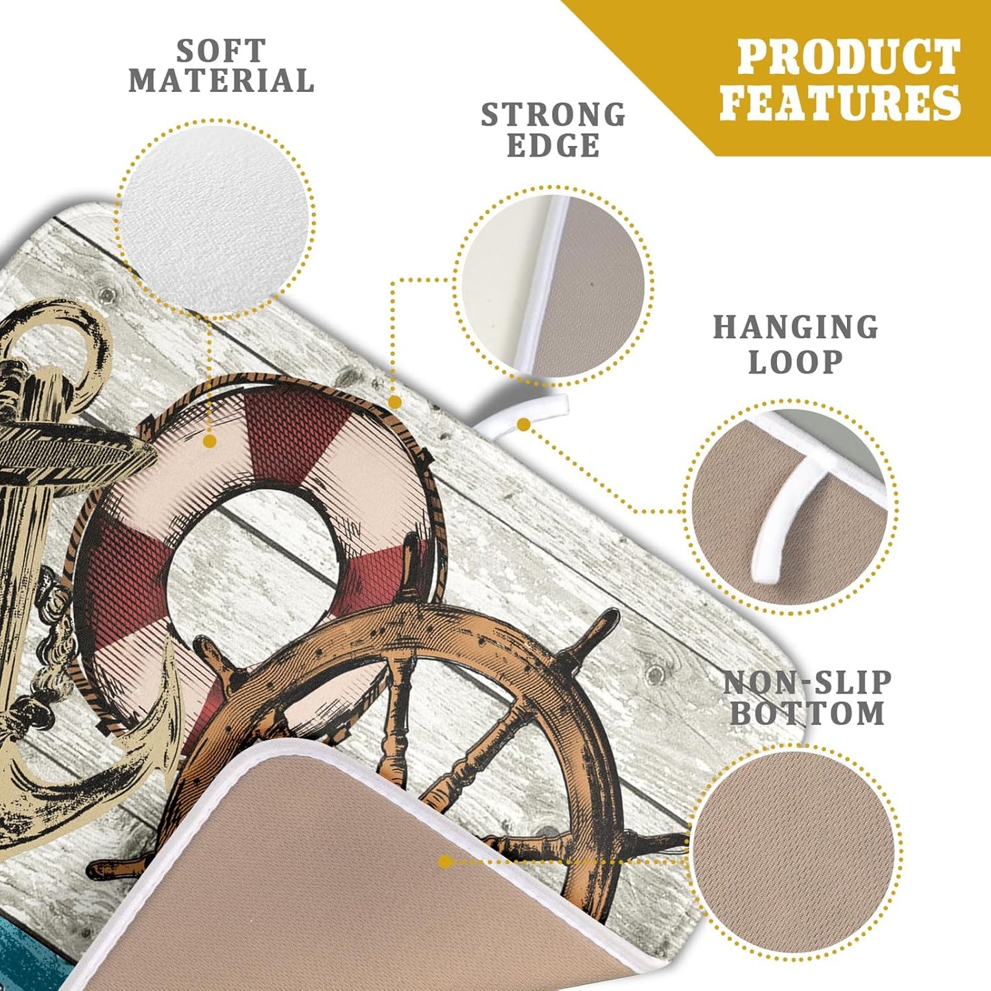 Nautical Anchor Dish Drying Mat 16x18 inch Coastal Boat Fast Dry Microfiber Reversible Dish Drainer Pad Kitchen Countertop Tabletop Decor