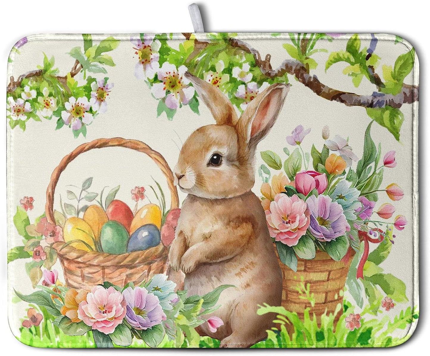Easter Egg Bunny Dish Drying Mat for Kitchen Counter Floral Flower Basket Drying Mats Absorbent Dish Pad Spring Summer Holiday Large Dish Draining Mat 18x24 inch