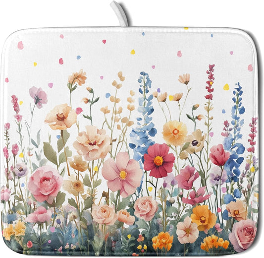 Colorful Flower Dish Drying Mat 16x18 Inch Botanical Floral Drainer Rack Mats Washable Absorbent Dish Dry Pad for Kitchen Counter Sink
