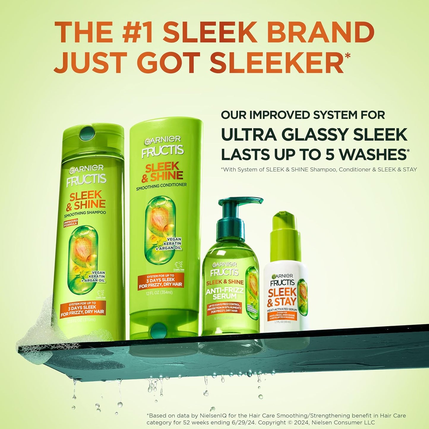 Garnier Fructis Sleek & Shine Shampoo, Conditioner + Leave-In Conditioner Set for Frizzy, Dry Hair, Plant Keratin + Argan Oil (3 Items), 1 Kit (Packaging May Vary)