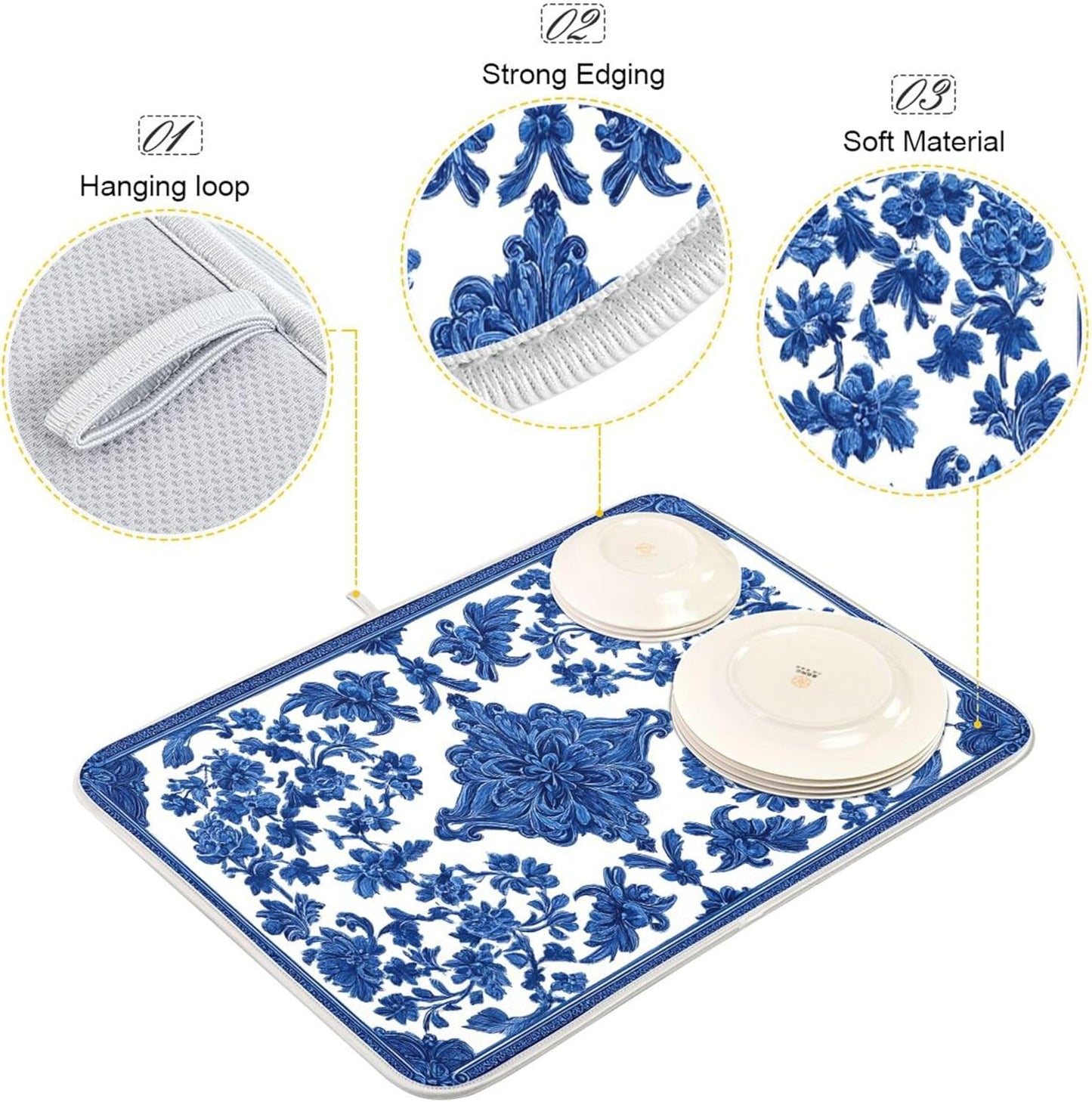 Blue White Porcelain Floral Dish Drying Mat for Kitchen Countertop 16x18 Rectangle Small Drying Mat Reusable Quick Dry Dish Sink Absorbent Mats Dishwasher Easy Clean Decorative Home Decor Essentials