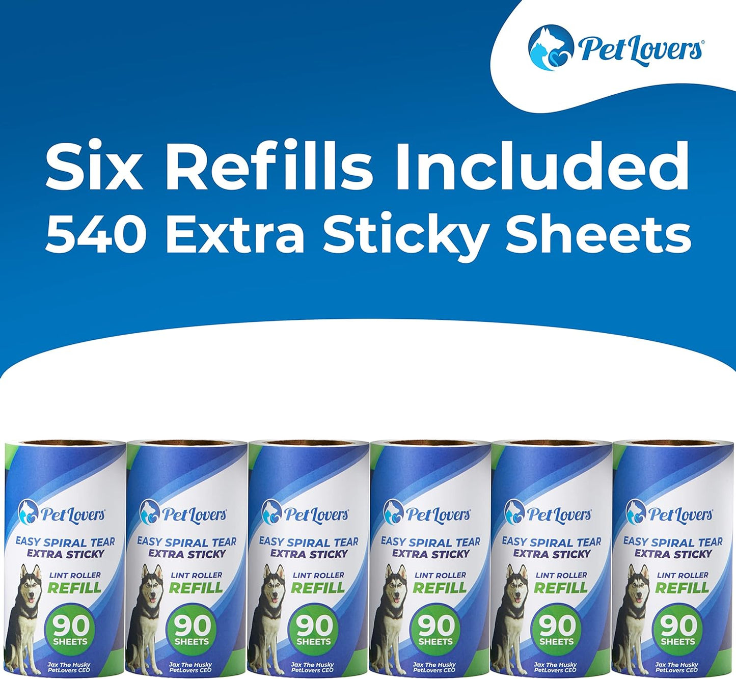 PetLovers Extra Sticky Lint Roller 6 Pack of Refills Only - No Handle Included - 90 Sheets Per Refill 540 Sheets Total