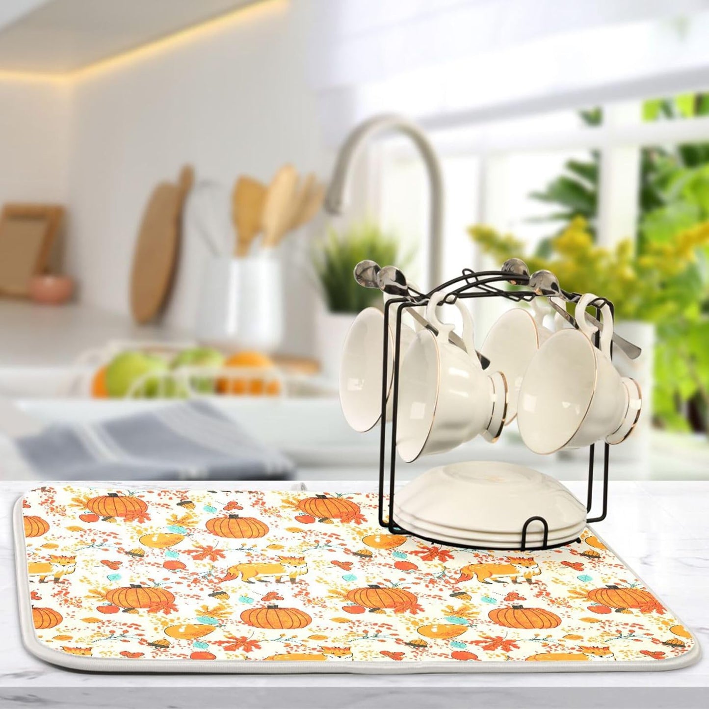 Fall Fox Dish Drying Mat for Kitchen Countertop 16x18 Autumn Chestnuts Pumpkin Berry Thanksgiving Day Small Drying Mat Reusable Quick Dry Dish Sink Mats Easy Clean Decorative Essentials