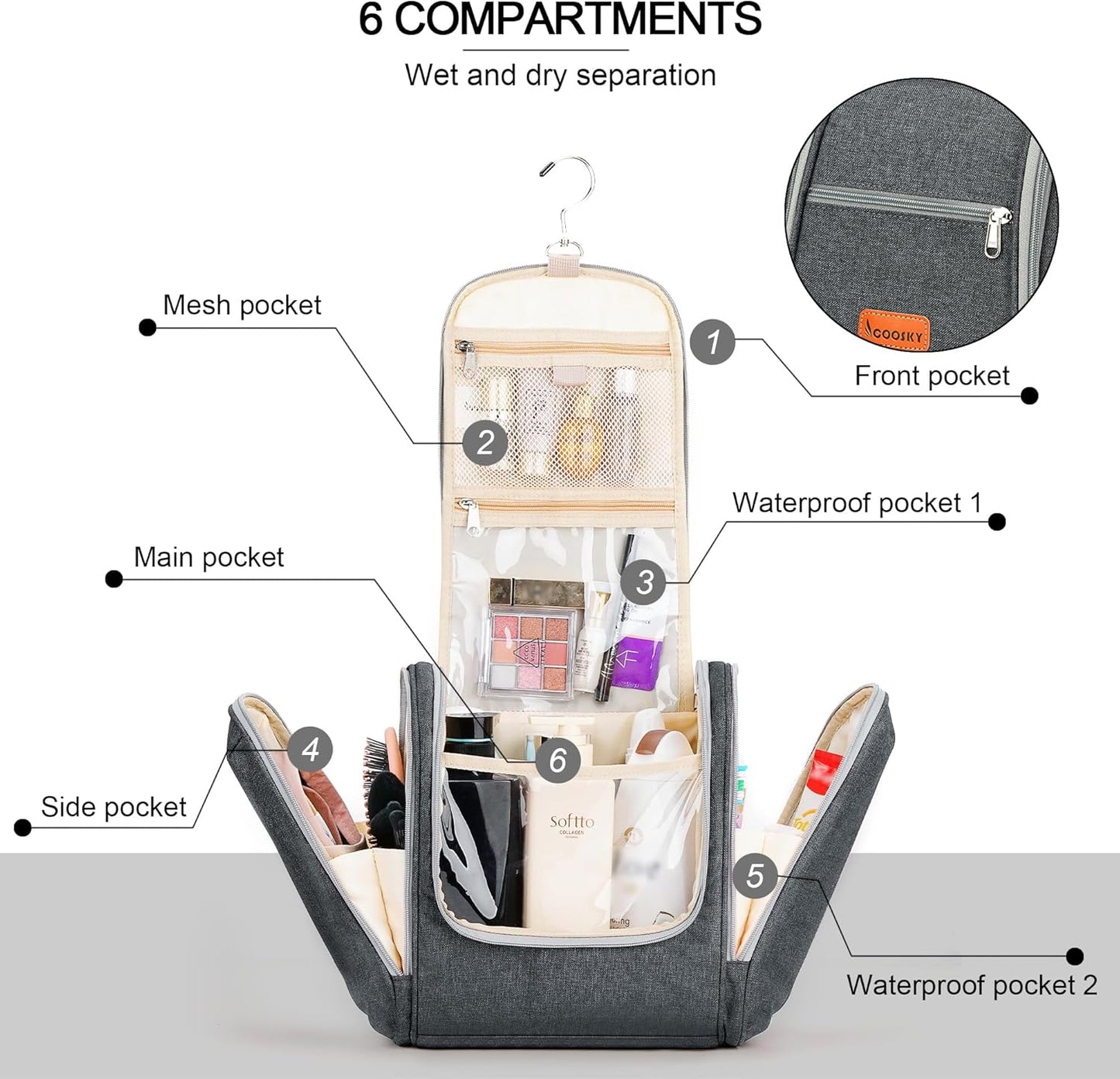 Hanging Toiletry Bag for Women & Men, Cruise Ship Travel Essentials, Holds Full Size Shampoo, with Dry and Wet Separation Cosmetic Bag, Makeup Organizer Bag, Bathroom Water-resistant Bag, Grey