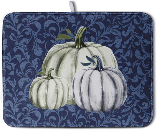 Autumn Dish Drying Mat Fall Navy Blue White Pumpkin Dish Pad for Kitchen Counter 18x24 Microfiber Absorbent Thanksgiving Dish Draining Mat Reusable Washable Dish Drainer Rack Mat