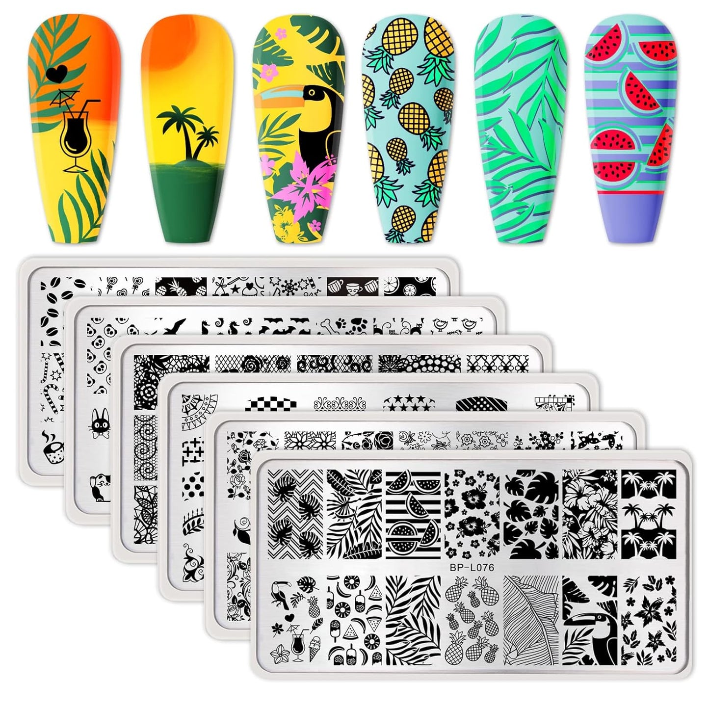 BORN PRETTY Nail Art Stamping Plates Set, Food, Bunnies, Flowers, Lace, Tropical, French Tip Themes Manicuring DIY Nail Templates Plates Print Tool Set