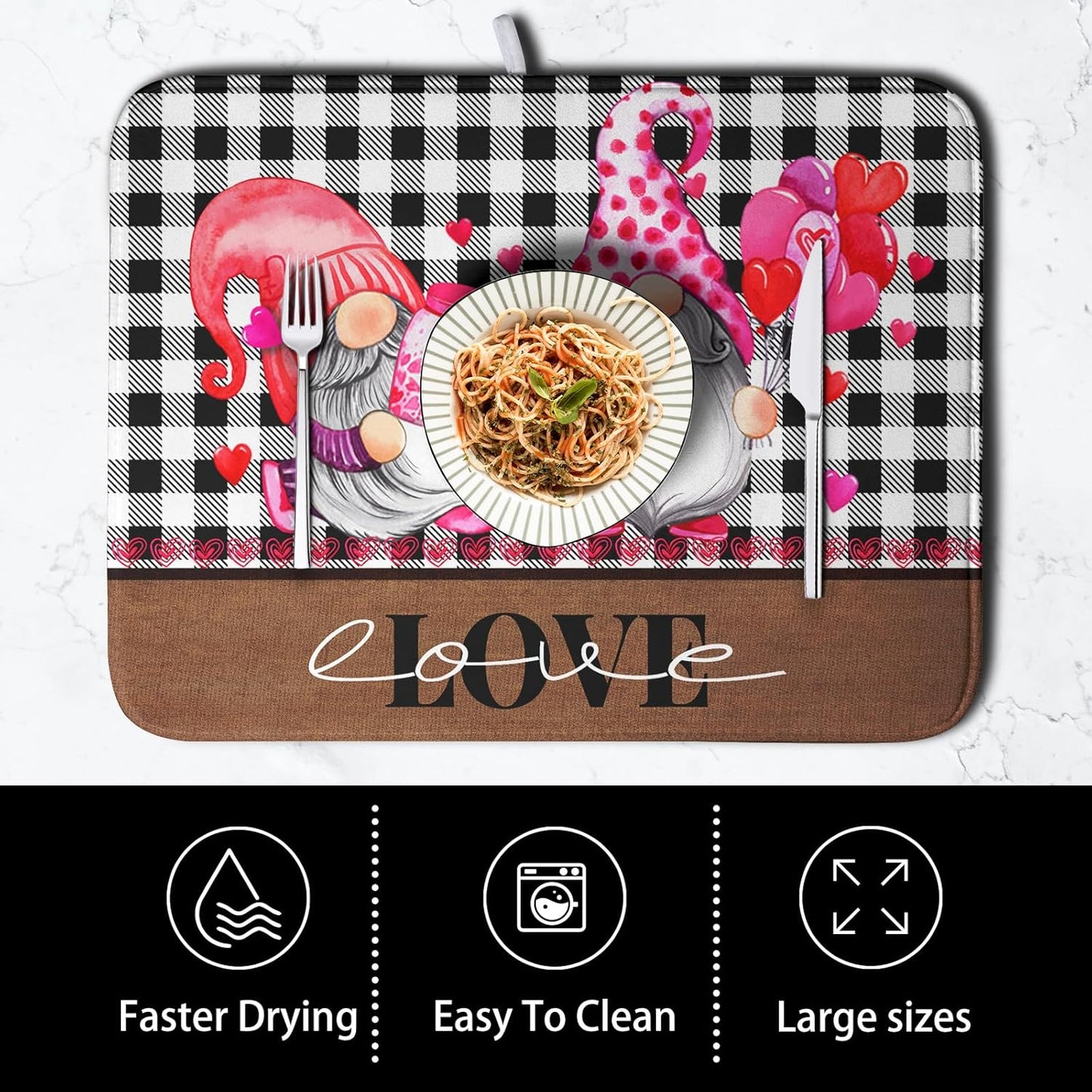 Valentine's Day Dish Drying Mats for Kitchen Counter, Gnome Love Kitchen Drying Mat, Buffalo Plaid Dish Drainer Mat Absorbent Quick Dry Dishes Pad 16 x 18 In - Farmhouse Decor Valentines Gift