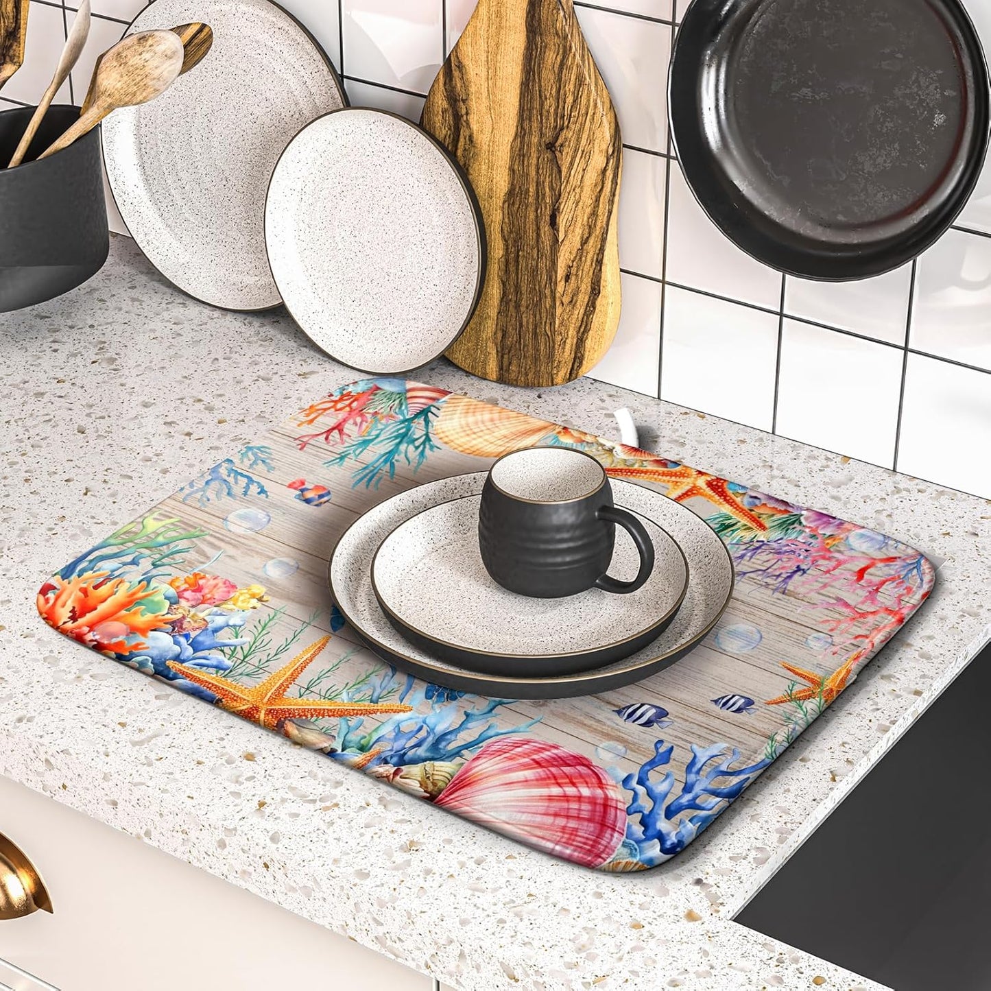 Sea Turtle Dish Drying Mat 16x18 inch Tropical Ocean Fast Dry Absorbent Microfiber Dishes Drainer Rack Pad for Countertop Bar Table Decor