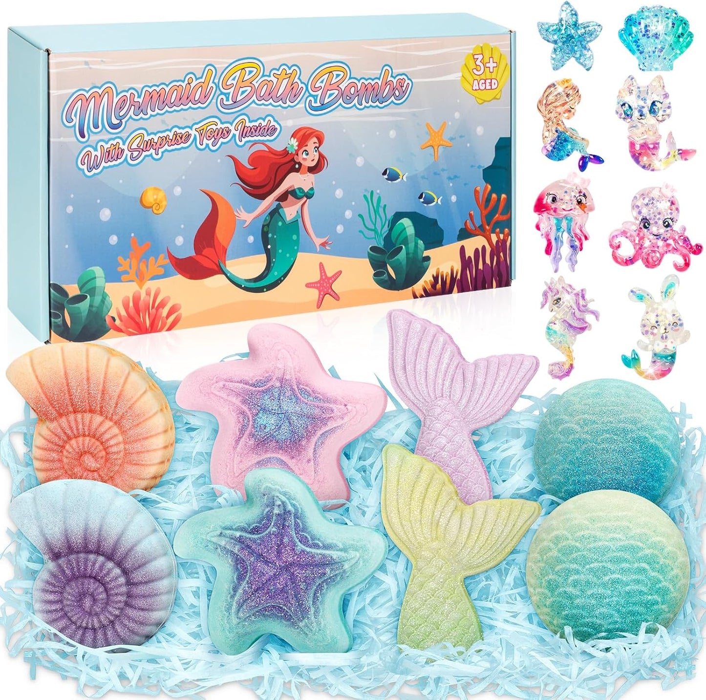 8 Packs Bath Bombs for Kids Girls, Mermaid Bath Bomb with Surprise Toys Inside, Princess Bubble Bath Toys for Kids Aged 4-8, Christmas Birthday Gifts for Girls 3 4 5 6 7 8