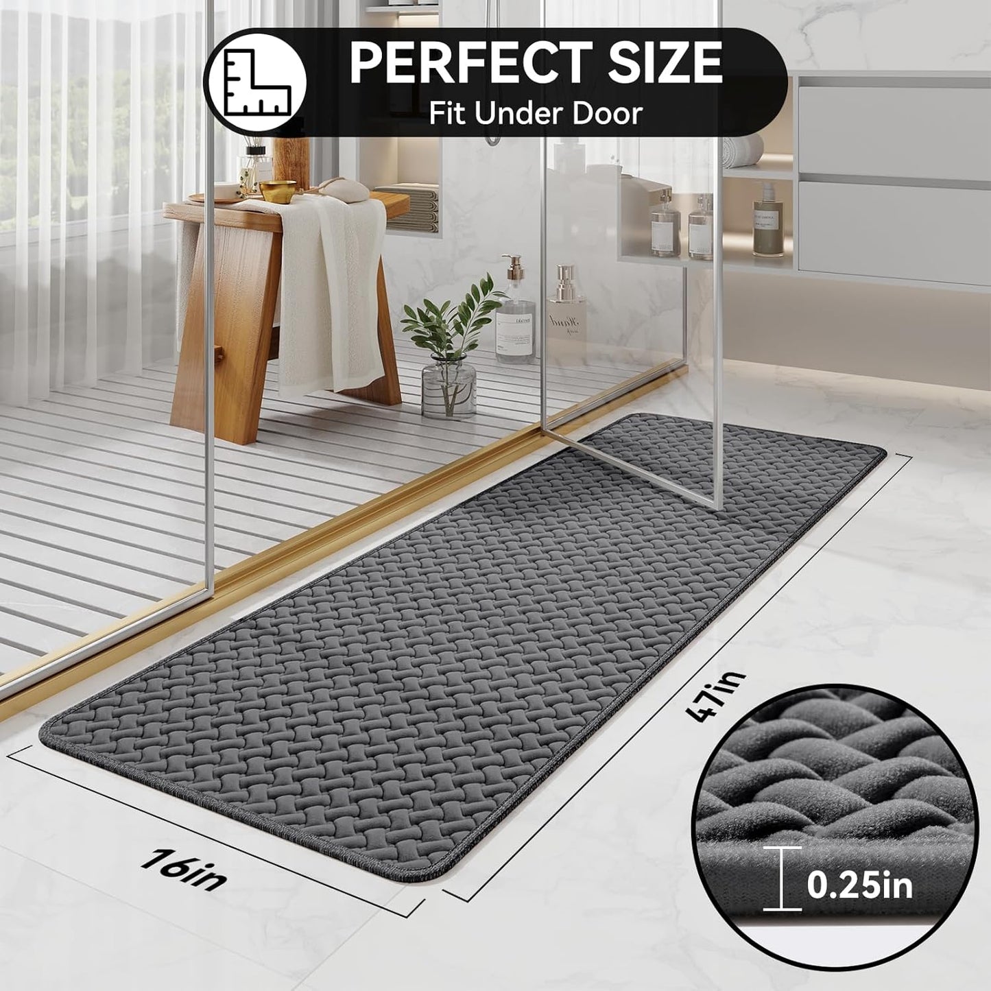 Bathroom Runner Rug Non Slip, Super Absorbent Quick Dry Long Bath Mat, Foam Weave Texture Rubber Backing Ultra Thin Bathroom Mats Fit Under Door Bathroom Floor Bathtub Shower