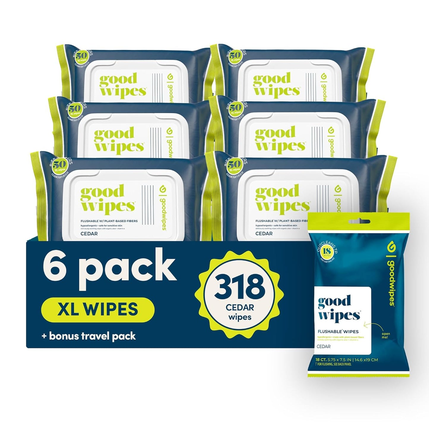 goodwipes Flushable Butt Wipes - Vitamin E & Aloe - Sewer & Septic Safe - Extra Large Adult Wet Wipes For Women & Men - Bathroom Essentials - Cedar, 318 Count (6 Packs + 1 Travel)