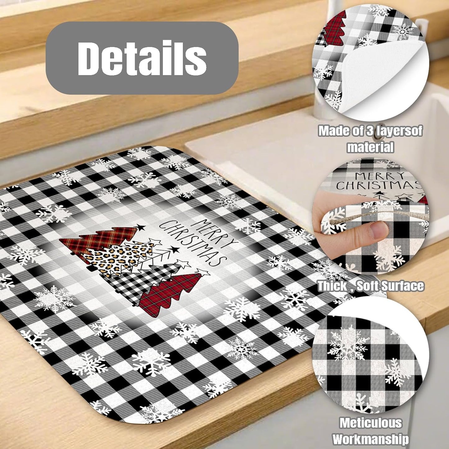 Dish Drying Mat for Kitchen Counter Large 16" x 18" Buffalo Plaid Christmas Tree Absorbent Microfiber Dishes Drainer Rack Mats Pad Reusable Washable