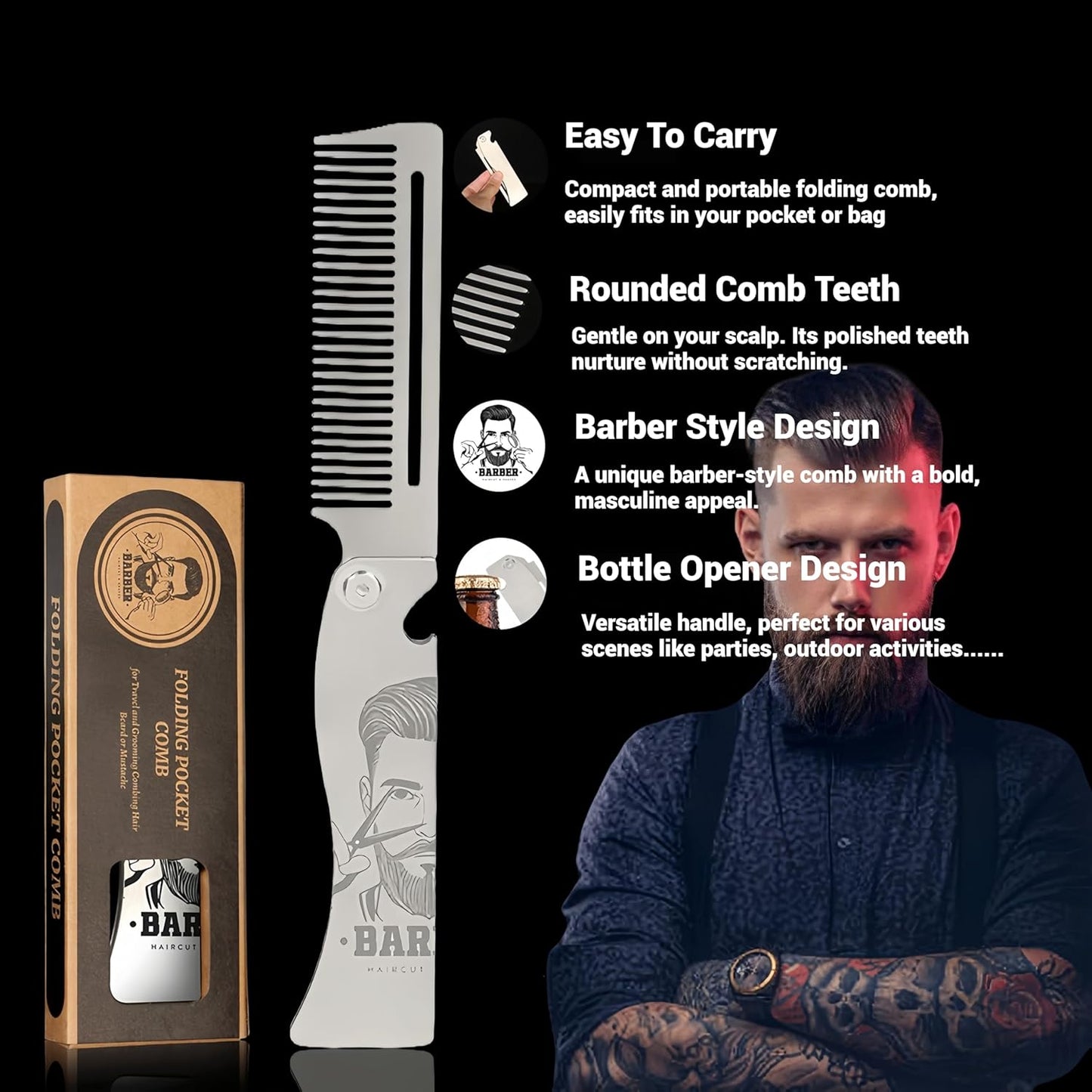 Metal Hair & Beard & Mustache Comb, Multifunctional Folding EDC Pocket Comb With Bottle Opener - Anti-Static for Travel and Everyday Grooming Styling - Silver