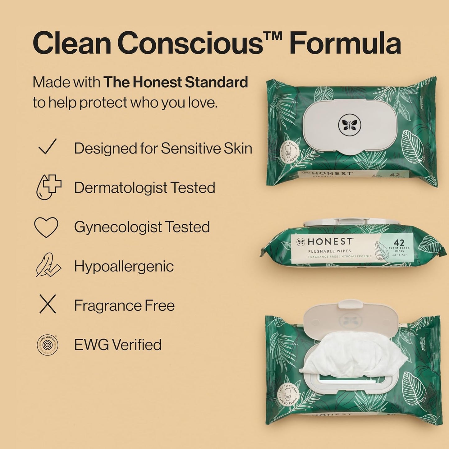 The Honest Company Flushable Wipes for Sensitive Skin | Fragrance Free, Hypoallergenic, 99% Water, Safe to Flush | pH Balanced Feminine Wipes | Tropical Leaves, 42 Count