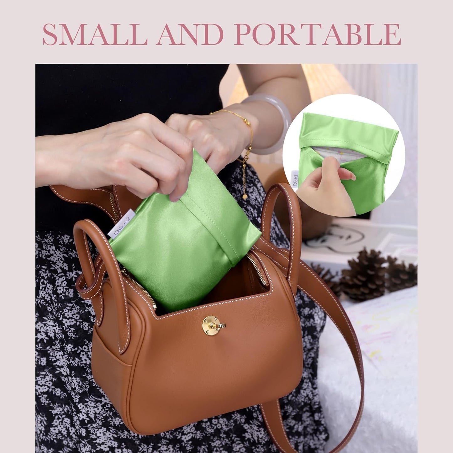 DGAZ Silk Sanitary Napkin Storage Bag, Period Bag for Teen Aged Girls, Portable Period Bag for Panty Liners/Menstrual Cup/Small Tampons，Mini Makeup Bag for Purse(Vert Criquet)