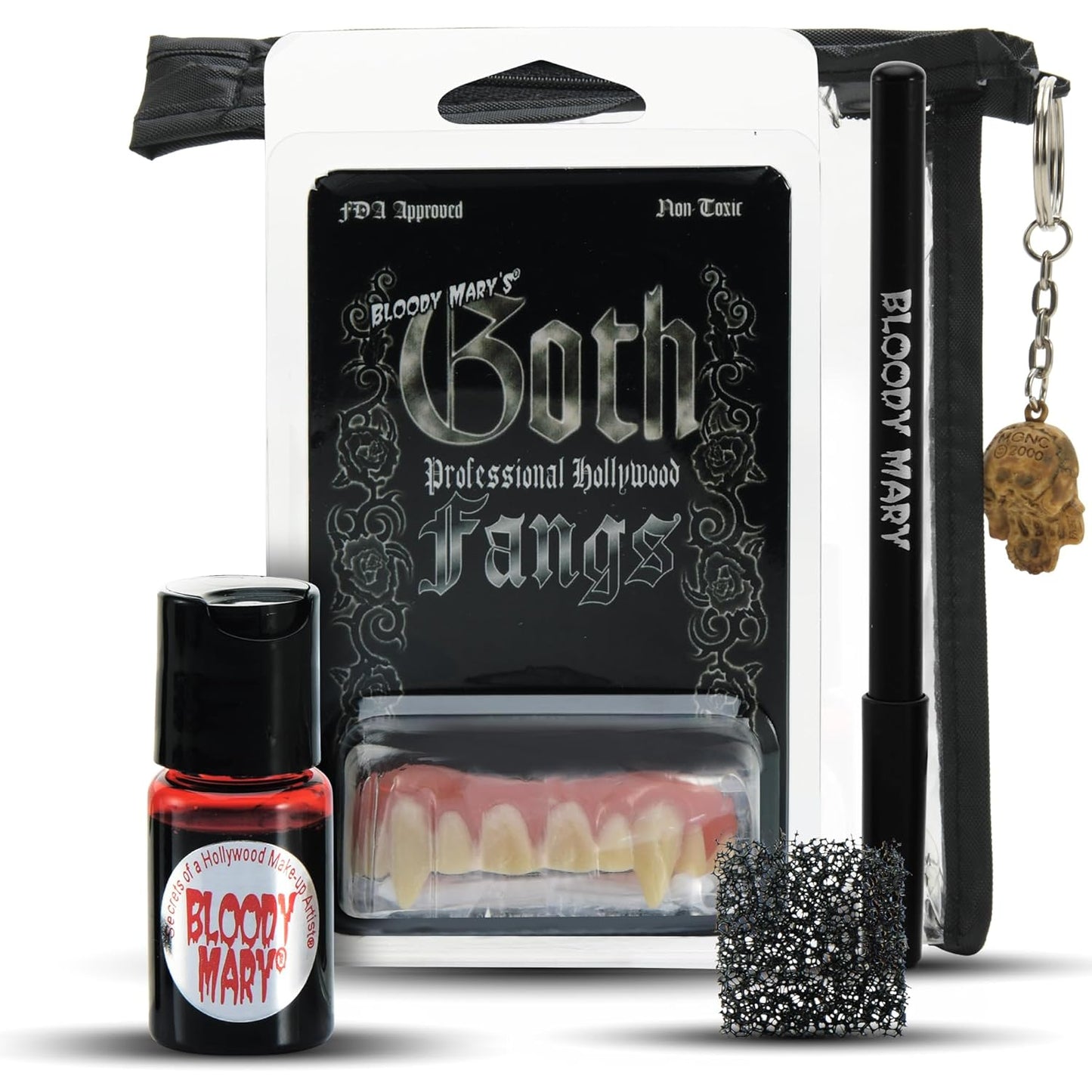 Vampire SFX Makeup Kit - Deluxe Wicked Bite Special Effects Face Makeup with 1/2 Oz. Extra Thick Fake Blood, Black Pencil Liner, Vampire Fangs and Stipple Sponge for Halloween or Stage - Bloody Mary