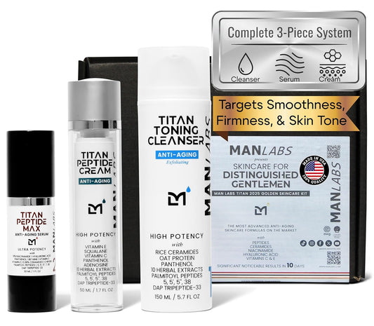 Titan Golden Anti-Aging Mens Skin Care Kit – Wash, Face Serum, Mens Face Moisturizer – Men, Skin Care Set – Dark Spots, Wrinkles, Fine Lines – Vitamin C, Peptides, Niacinamide, HA – Unscented
