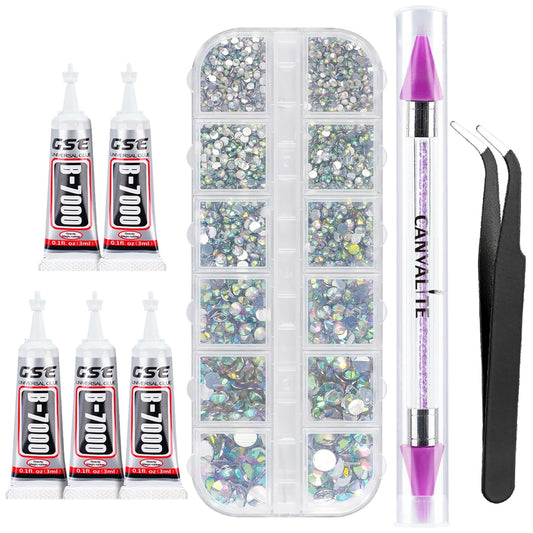 Canvalite 2784Pcs Flat Back Gems, Rhinestones with 5Pcs Jewelry Glues, Pick Up Tweezers and Rhinestones Picker Dotting Pen, Nail Art Tools for Nails, Clothes, Face, Craft