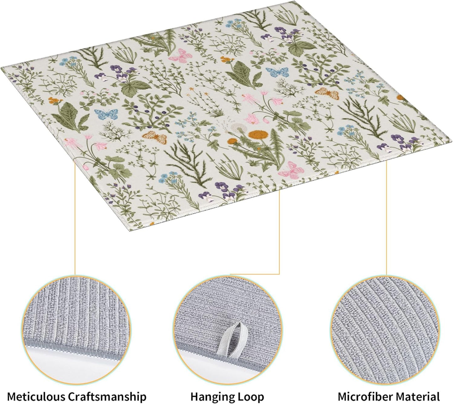 Vintage Floral Kitchen Drying Mat Herbs and Wild Flowers Microfiber Dish Drainer Mat for Kitchen Counter Cute Botanic Spring Summer Drying Pad Absorbent Reusable Washable 16x18 Inch