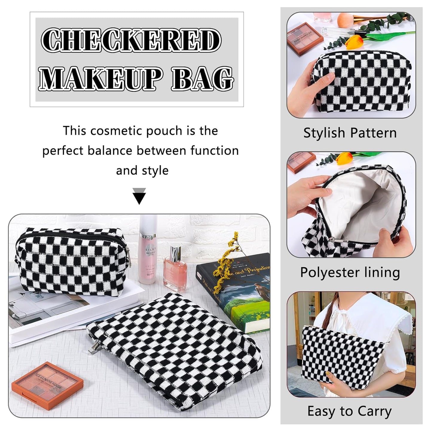 ZLFSRQ 2Pcs Checkered Makeup Bag for Women Large Small Checkered Cosmetic Bag Set Aesthetic Preppy Pencil Case Cute Pencil Pouch Black Makeup Pouch for Purse Travel Toiletry Bags Zipper Skincare Bags