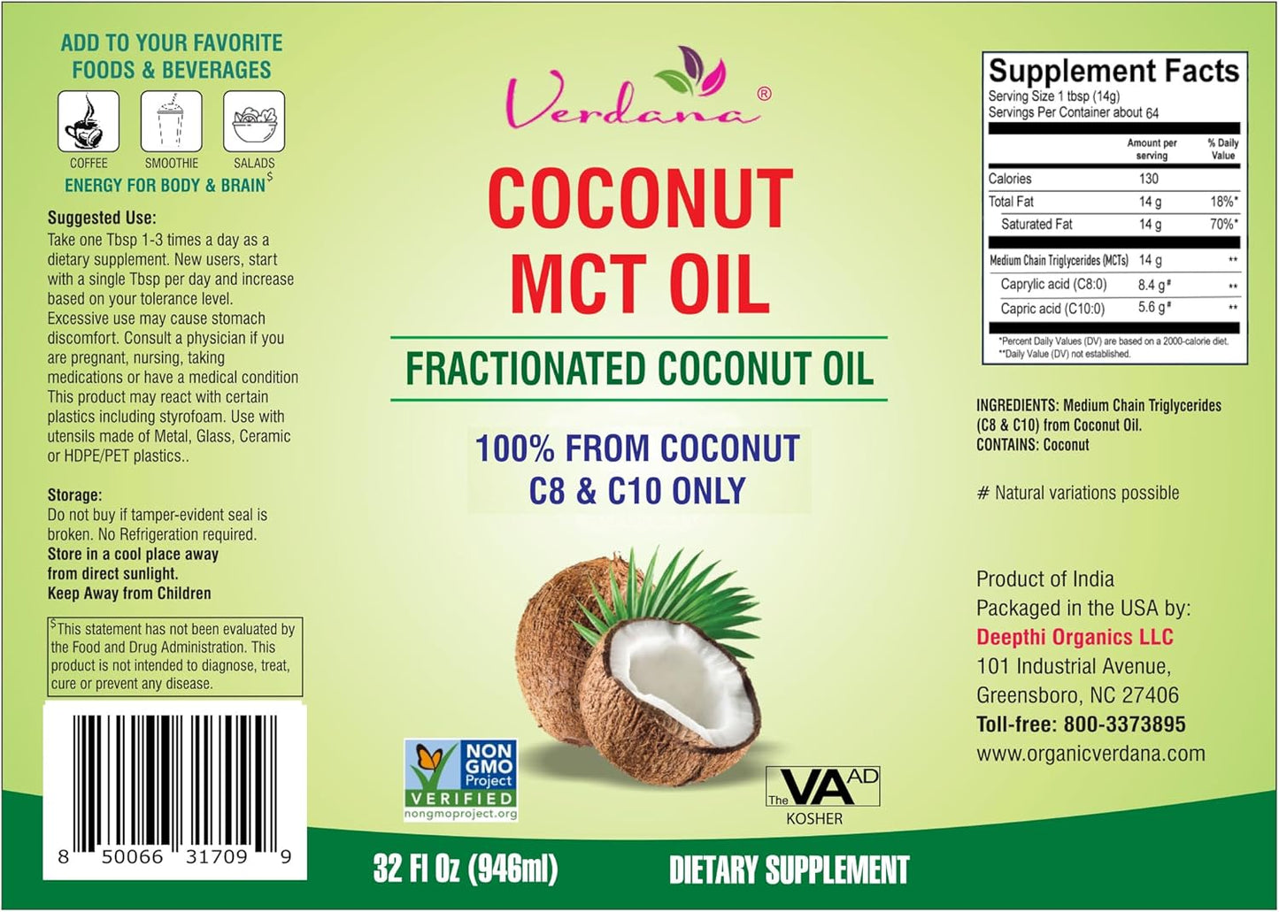 Verdana MCT Oil – 32 Fl Oz Dietary Supplement – 100% Coconut Derived, Fractionated, Food Grade – for Oil Pulling, Keto Coffee, Oral Rinse, Massage & Aromatherapy – Vegan, Non-GMO, Kosher