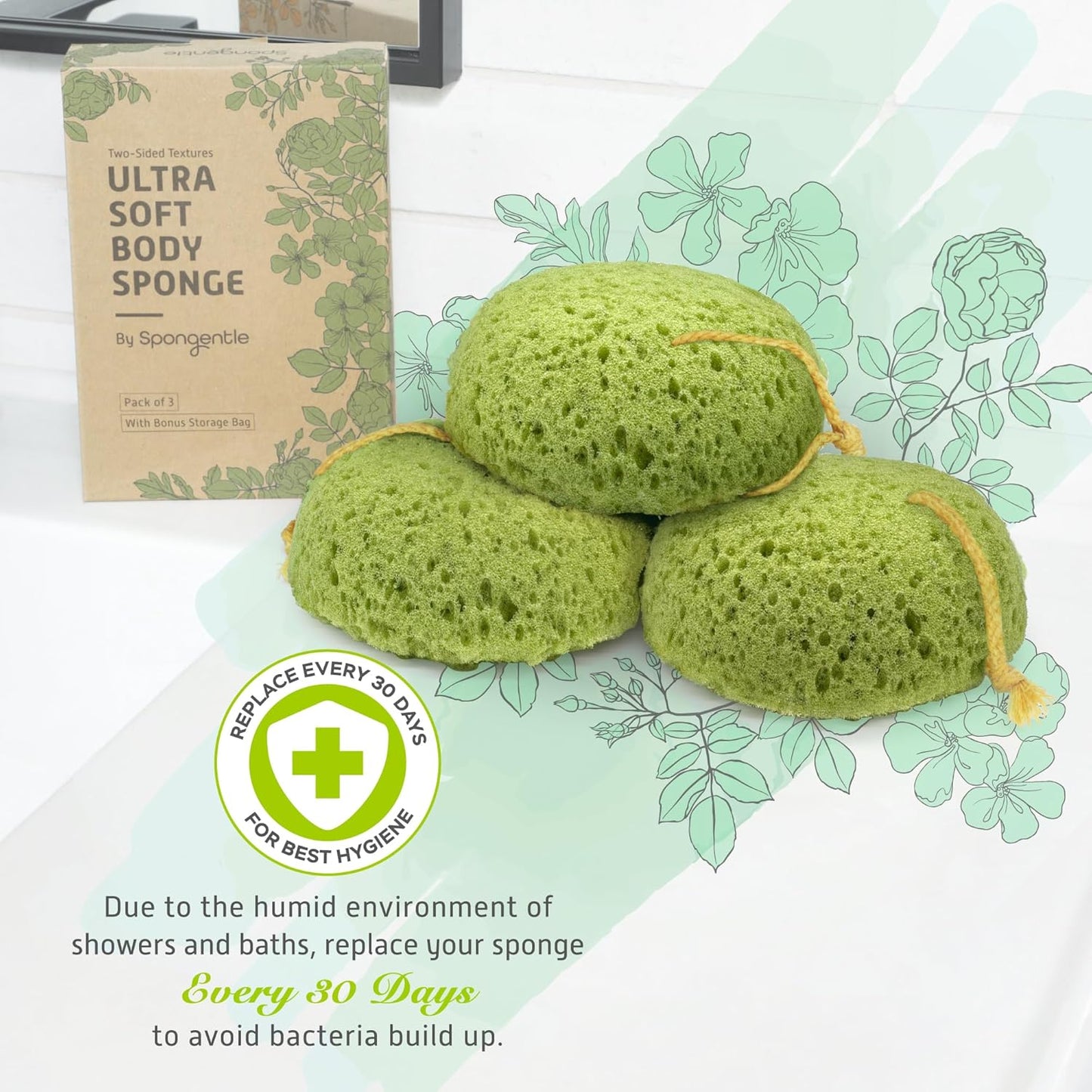 Spongentle Deep Cleansing Body Loofah Sponge, Natural Colors, for Bath and Shower, Multiple Textures for Gentle and Deep Exfoliation, Generous and Rich Lather, (Pack of 3)