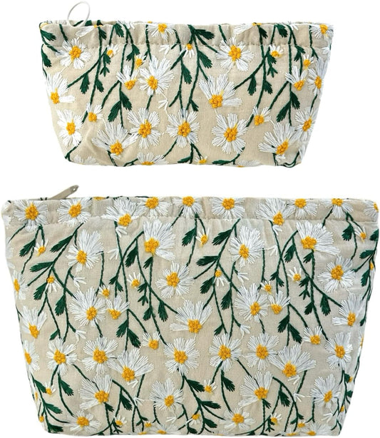 2 Pcs Makeup Bags, Large Cosmetic Bag Travel Toiletry Bag Organizer for Women, Embroidery Craft, Floral Makeup Bag Small Cosmetic Pouch Purse with Zipper Gifts for Girls Teen