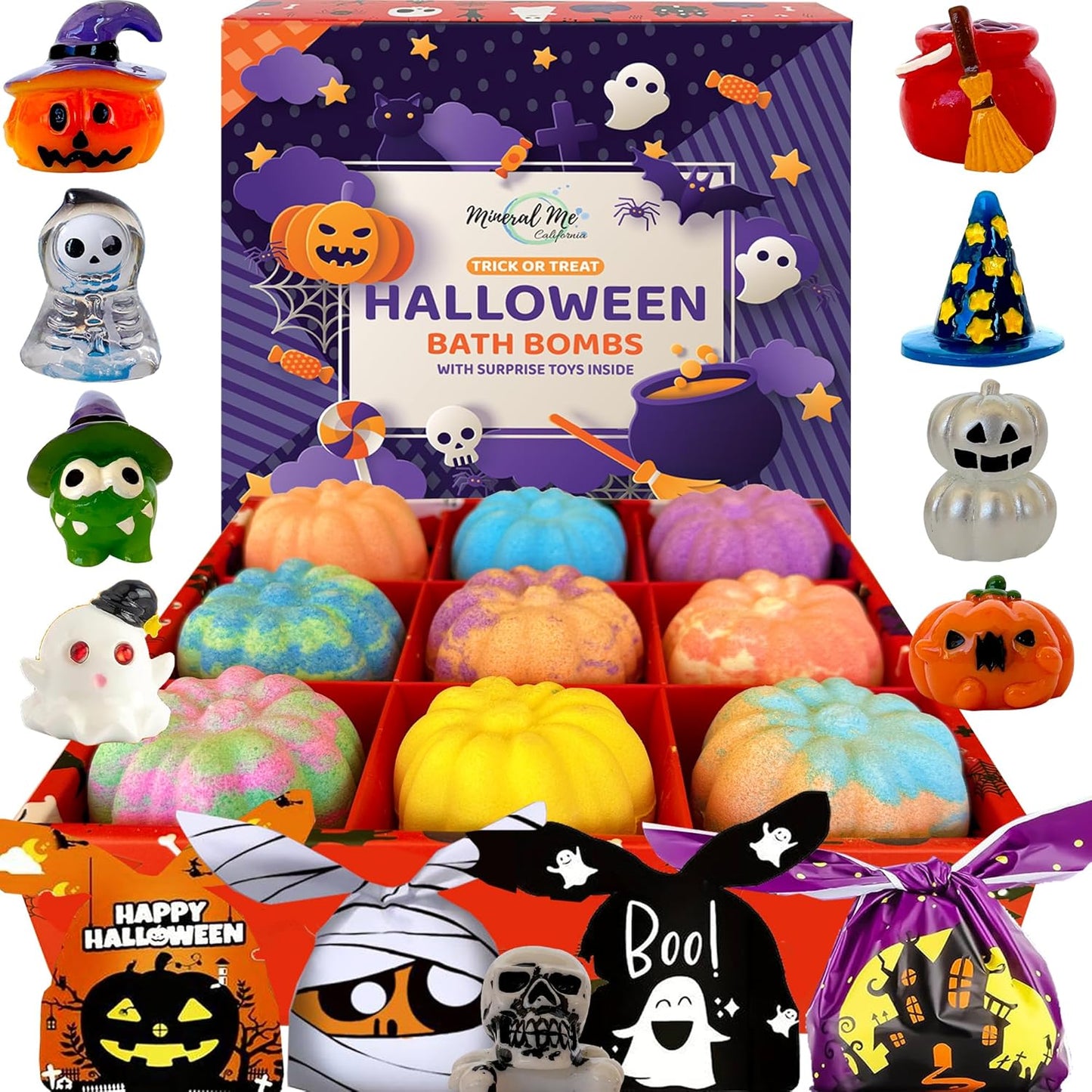 Bath Bombs for Kids with Surprise Toys Inside - Set of 9 Organic Halloween Bath Bombs, Gentle and Safe - Fizzy Balls with Rainbow Bubbles, Halloween Gifts for Kids