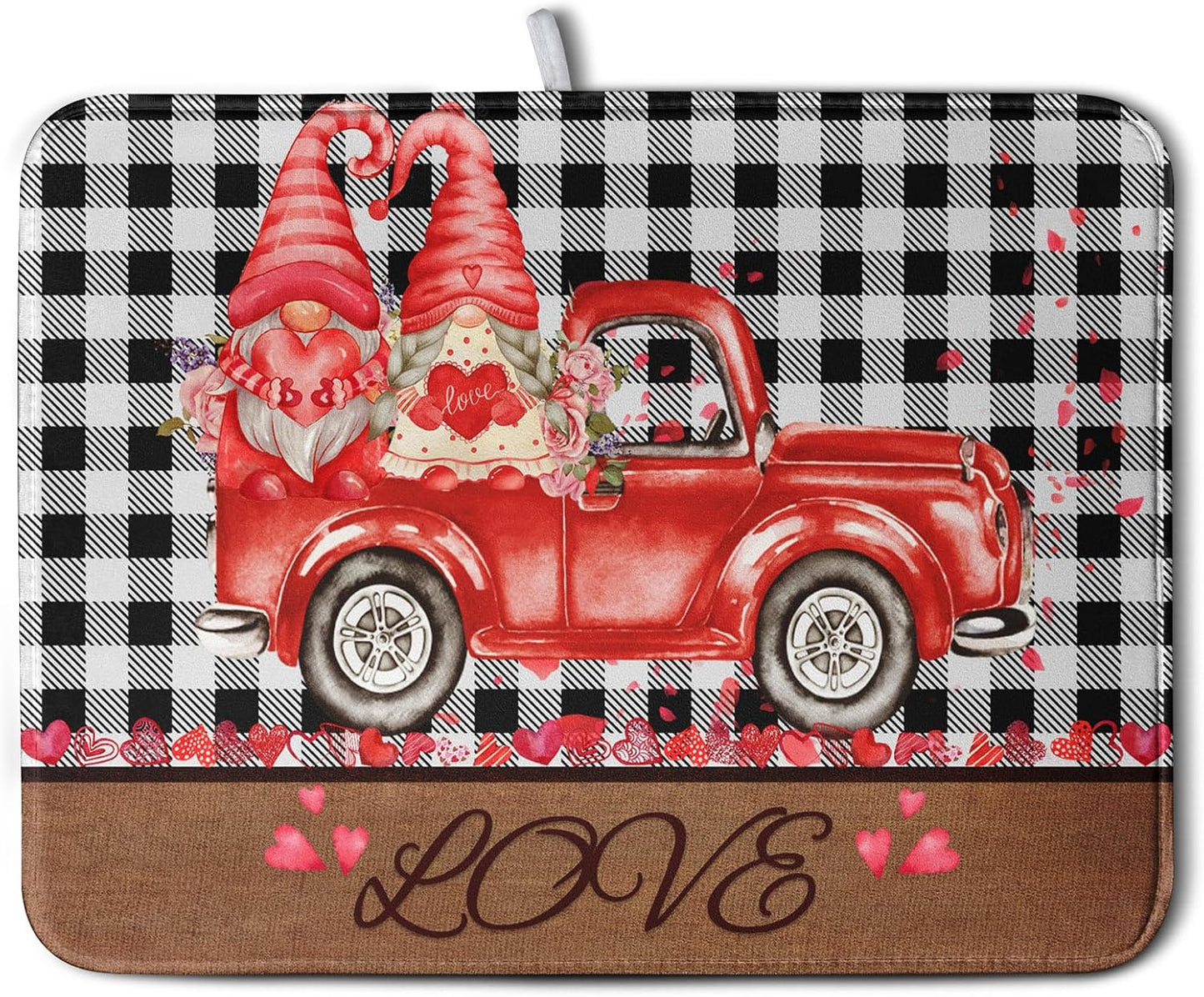 Valentine's Day Dish Drying Mats for Kitchen Counter, Buffalo Plaid Truck Kitchen Drying Mat, Love Heart Gnome Absorbent Dishes Pad 18 x 24 Inch - Farmhouse Decor Valentines Gift