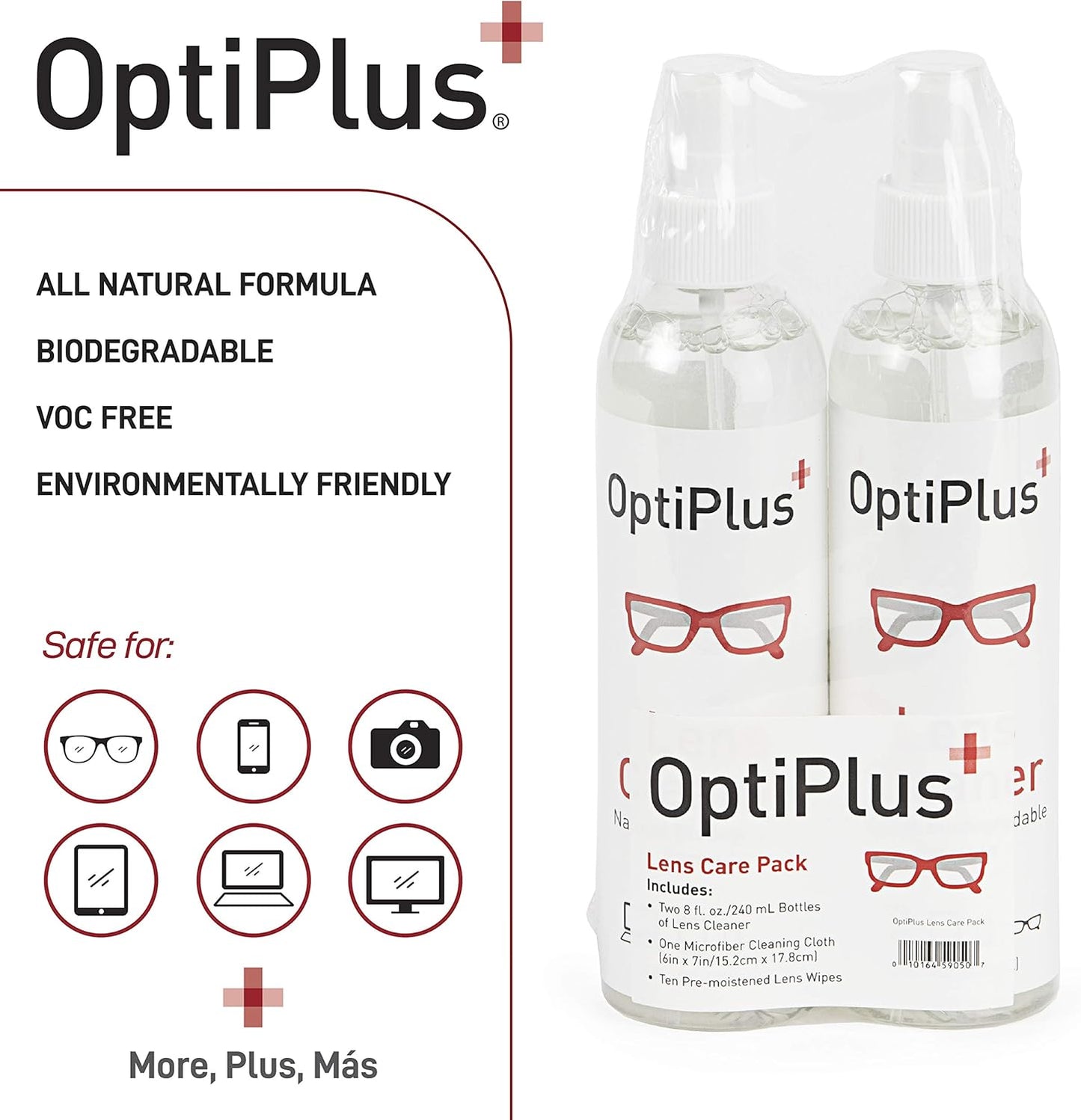 OptiPlus 16oz All Natural Lens and Screen Cleaning Pack, Lens Wipes, Microfiber Cloth and 16 x 16 Microfiber Terry Towel 3 Pack (Grey)