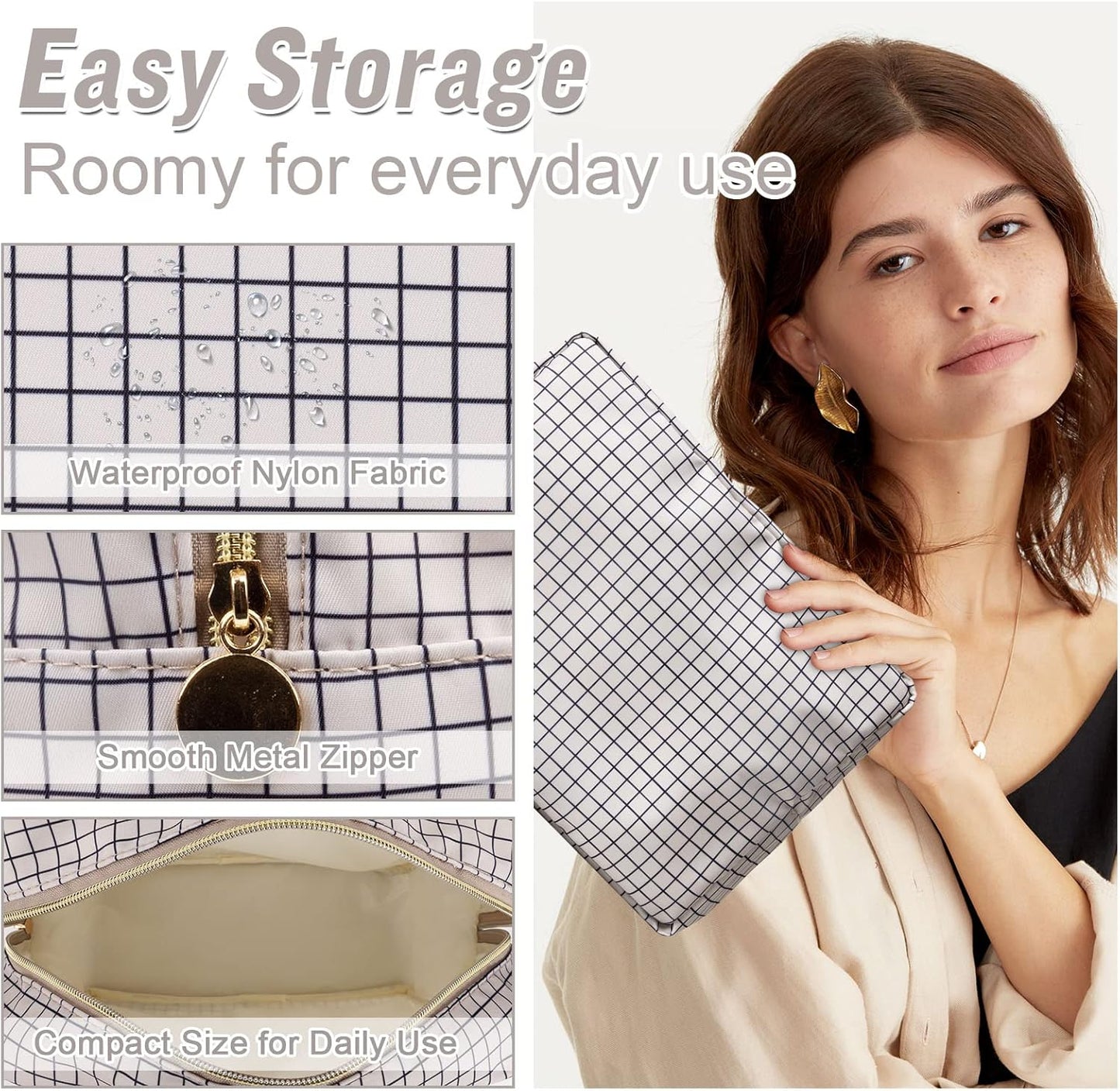 Nylon Large Checkered Makeup Bag Travel Pouch for Women, Big Preppy Makeup Bag Cute Cosmetic Zipper Pouch Purse,Waterproof Toiletry Bag Clutch Makeup Brush Organizer Pouch for Ladies Girls(Checkered)