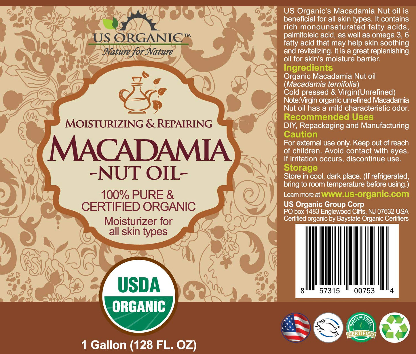 US Organic Macadamia Nut Oil Unrefined Virgin, Certified Organic, Pure & Natural, Cold Pressed, Size for DIY and small manufacturers (128 oz (1 Gallon))