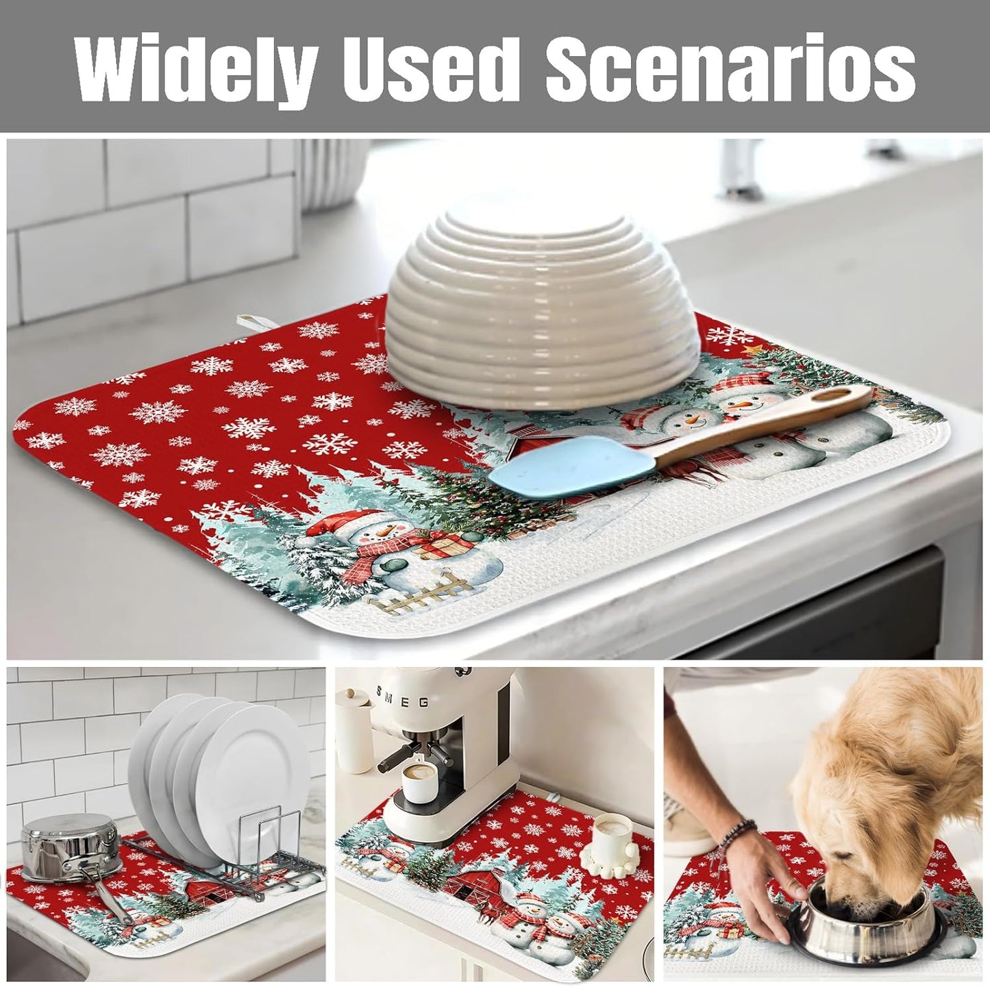 Dish Drying Mat for Kitchen Counter Large 16" x 18" Christmas Farmhouse Rustic Snowman Absorbent Microfiber Dishes Drainer Rack Mats Pad Reusable Washable