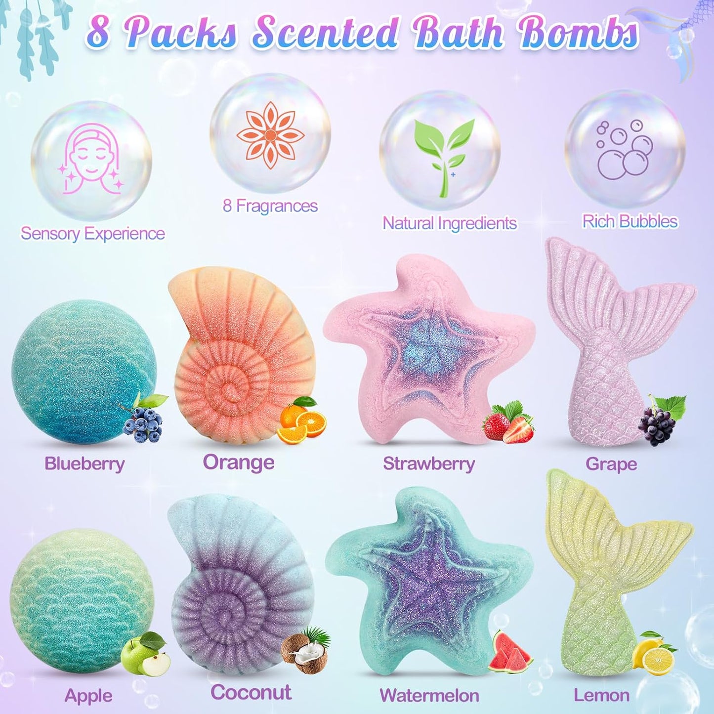 8 Packs Bath Bombs for Kids Girls, Mermaid Bath Bomb with Surprise Toys Inside, Princess Bubble Bath Toys for Kids Aged 4-8, Christmas Birthday Gifts for Girls 3 4 5 6 7 8