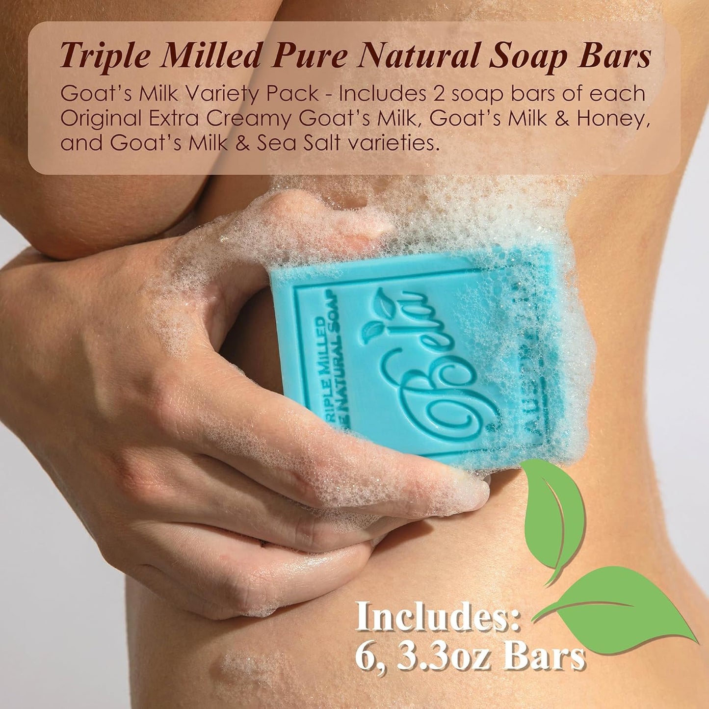 BELA Soap Bar Variety Pack, Pure Goats Milk, Honey, and Sea Salt, Long Lasting, Triple Milled Face Hand and Body Soap Enriched with Organic Shea Butter