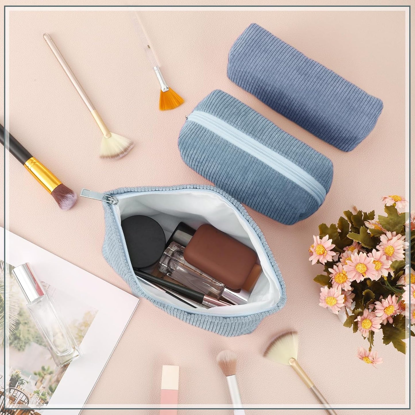 3 Pcs Makeup Bag Set for Women Corduroy Cosmetic Pouch Aesthetic Smile Travel Toiletry Bag Cute Purse Pouch Pencil Case Makeup Brushes Storage Organizer for Christmas(Blue,Gradient)