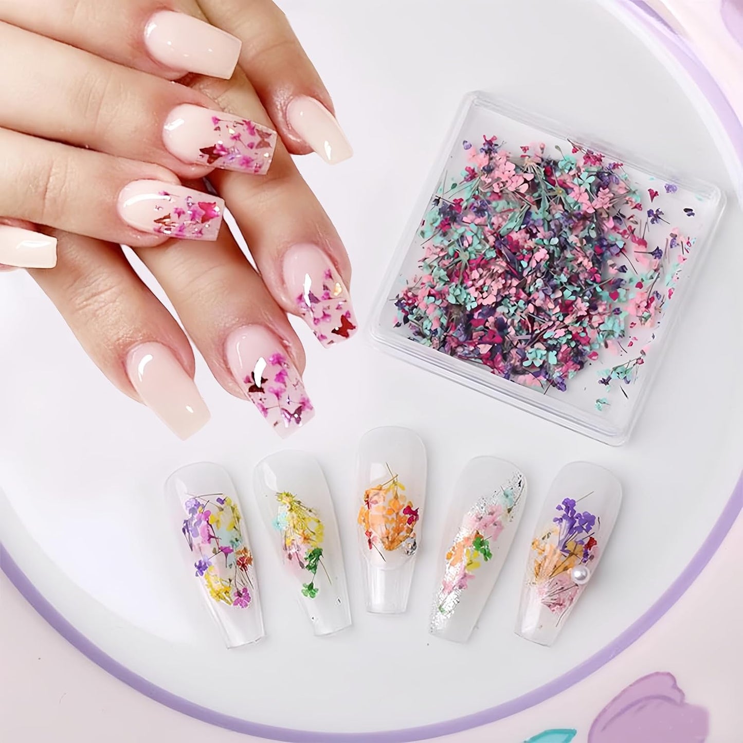 1Box Dried Flowers Nail Art Stickers 12 Colors Dry Flowers Mini Real Natural Flowers Nail Decals 3D Gypsophila Floral Nail Sticker for Women Manicure Decoration Makeup DIY Accessories