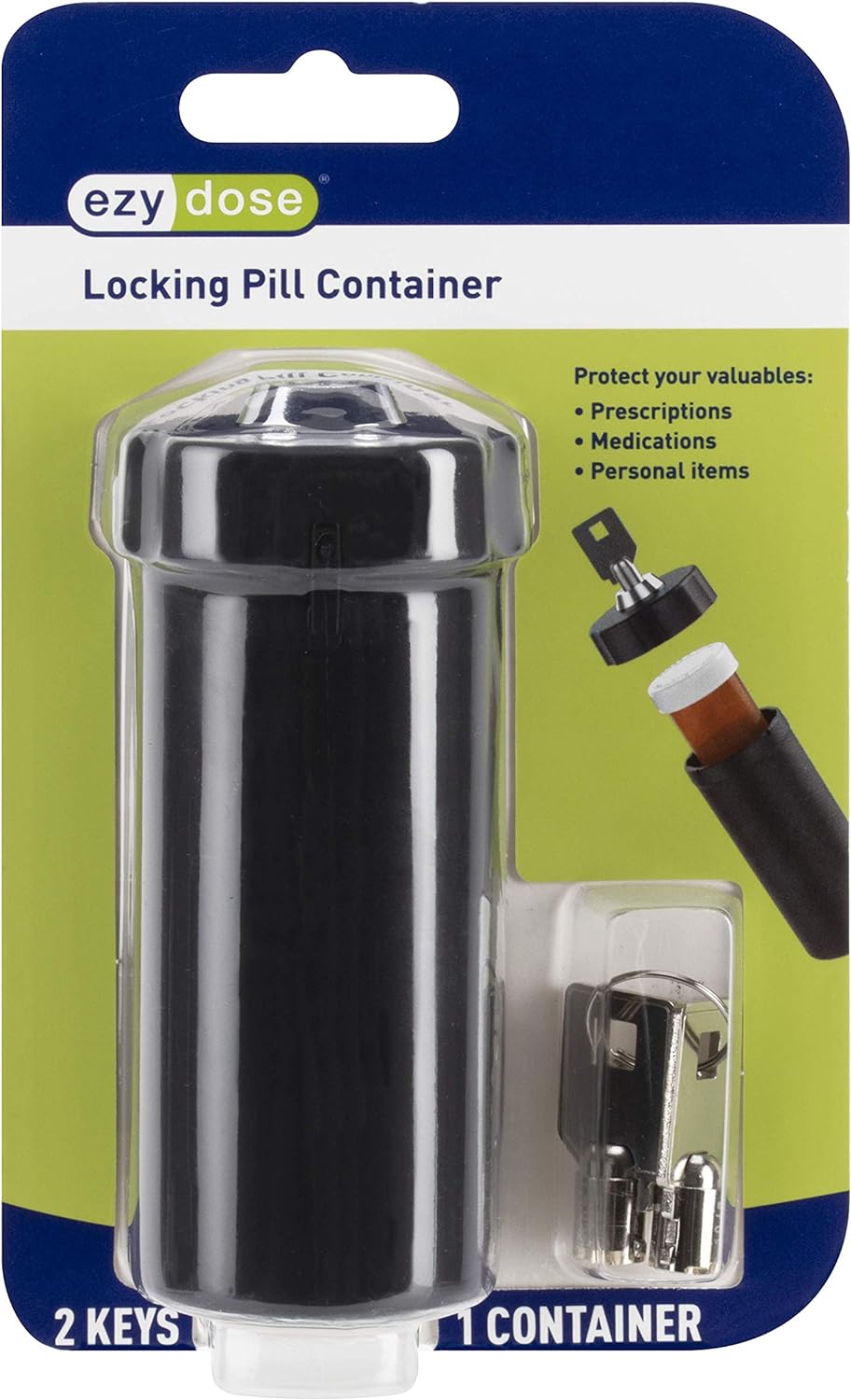 EZY DOSE Pill Box and Medicine, Vitamin Container, Safe for Money & Travel Items, Perfect for On-The-Go, Durable Canister, 2 Keys with Lock, Large, Black, BPA Free