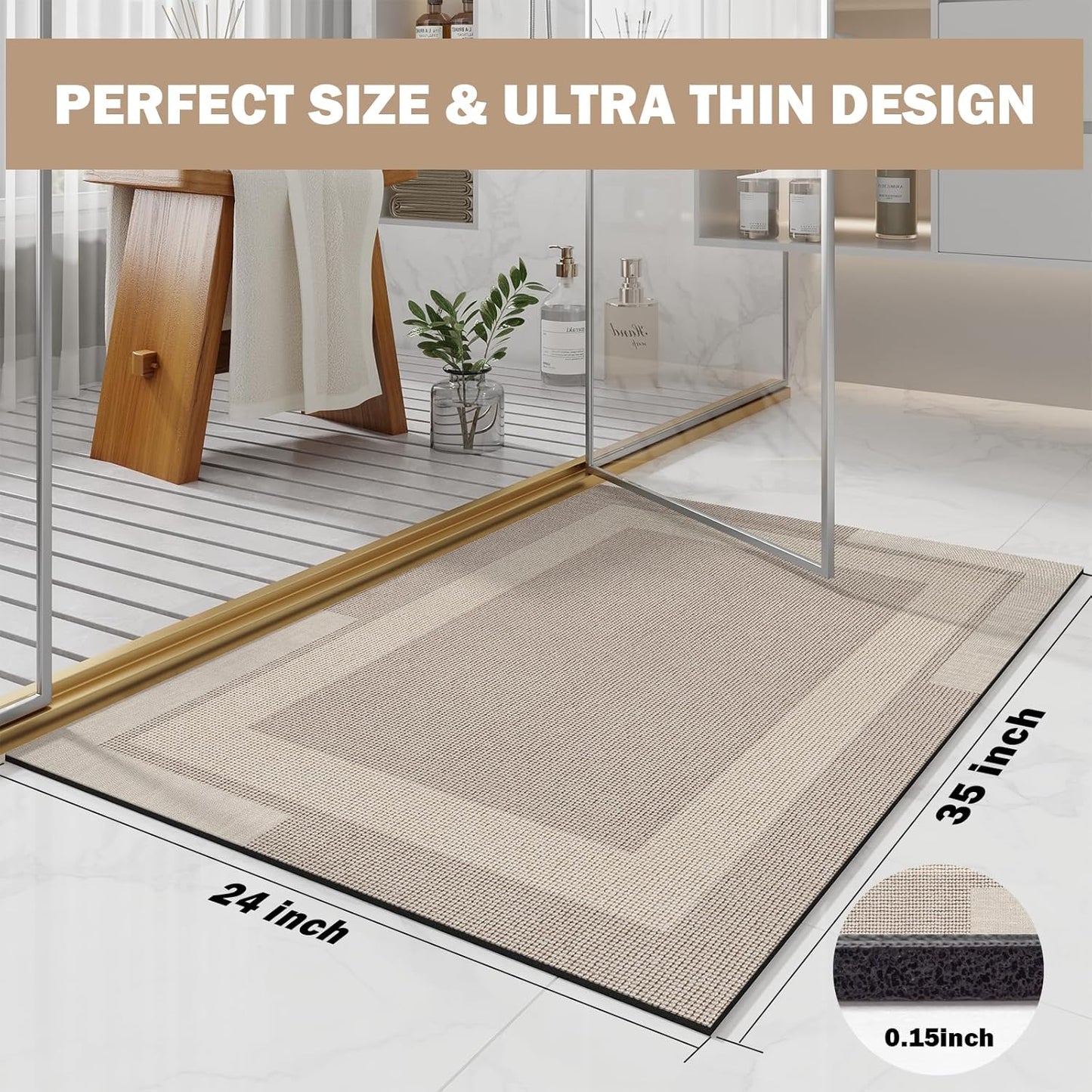 Non Slip Bath Mat, Rubber Backing Ultra Thin Bathroom Rugs Fit Under Door Quick Dry Super Absorbent Washable Bath Rug Shower Mat for Bathroom Floor Bathtub Shower Sink, Easy Care Beige 24"x 35"