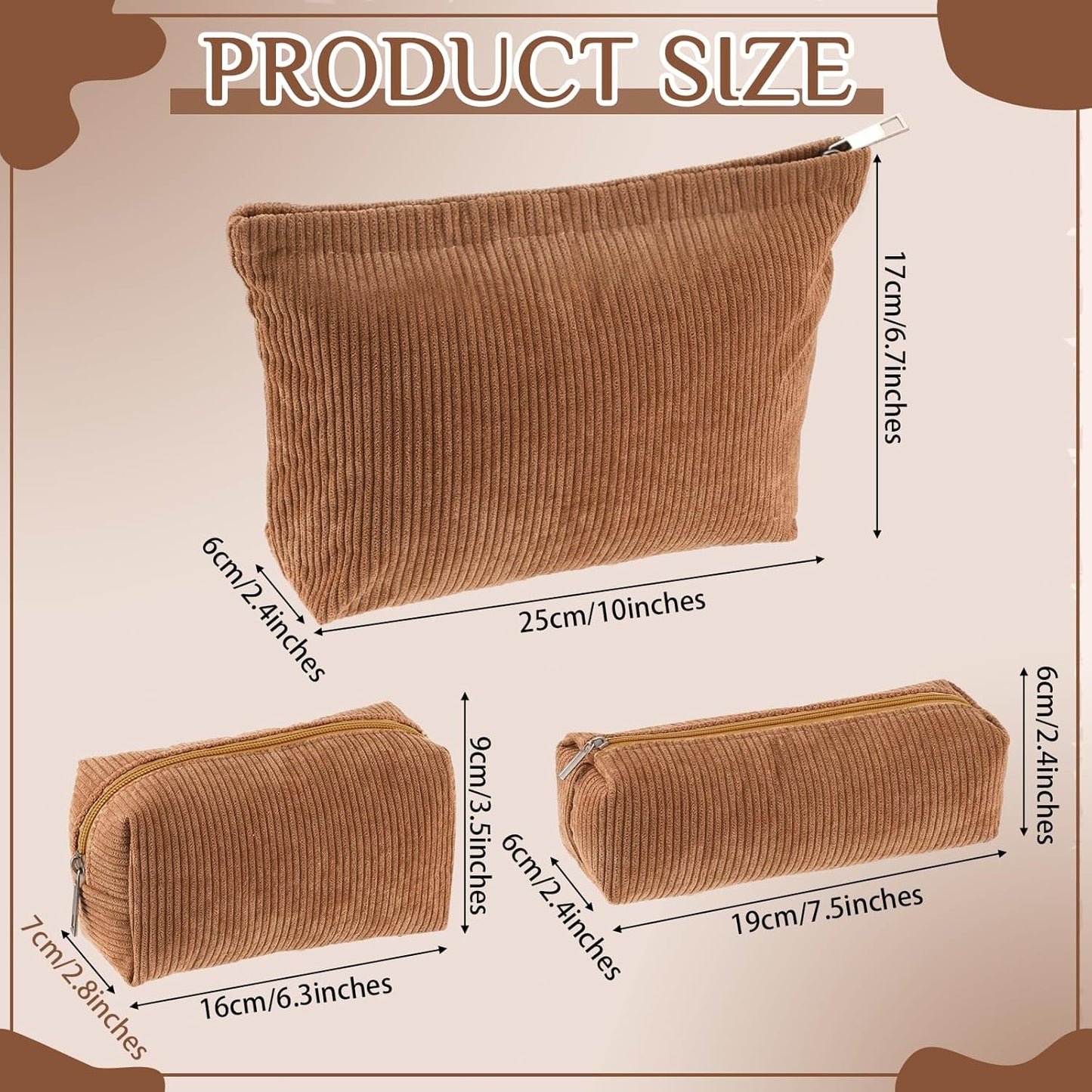 3 Pcs Makeup Bag Set for Women Corduroy Cosmetic Pouch Aesthetic Smile Travel Toiletry Bag Cute Purse Pouch Pencil Case Makeup Brushes Storage Organizer for Christmas(Brown,Solid Style)