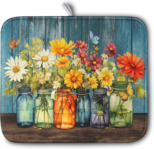 Daisy Dish Drying Mat for Kitchen Counter 16x18 Inch Rustic Vintage Flower Vases Drying Mats Microfiber Absorbent Dishes Drainer Mats Farmhouse Floral Wooden Board Dish Rack Pad