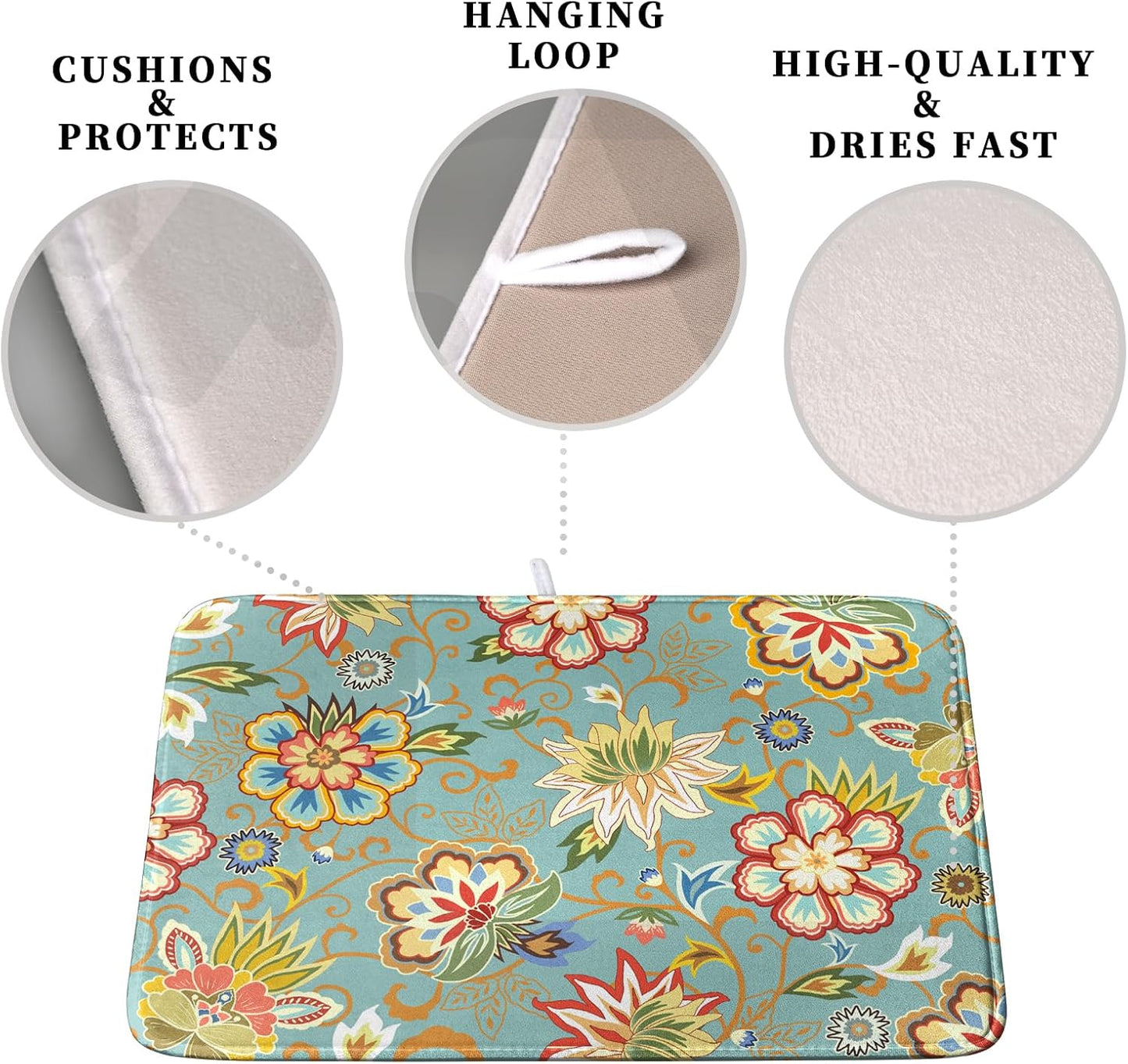 Boho Floral Kitchen Dish Drying Mat for Dishes 18x24 Inch Vintage Mandala Colorful Flowers Drying Mat Green Bohemian Dish Drainer Mat Super Absorbent Dish Rack Pad for Coffee Bar Sinks